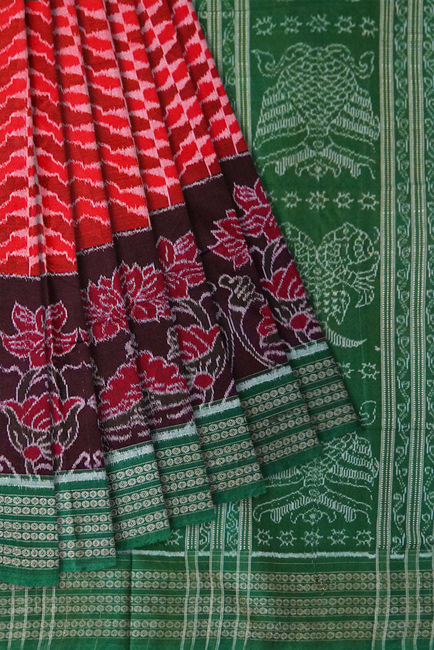 Lotus and Ikat Design on whole body work ,Deep orange,Coffee and Green colour sambalpuri saree. - Koshali Arts & Crafts Enterprise