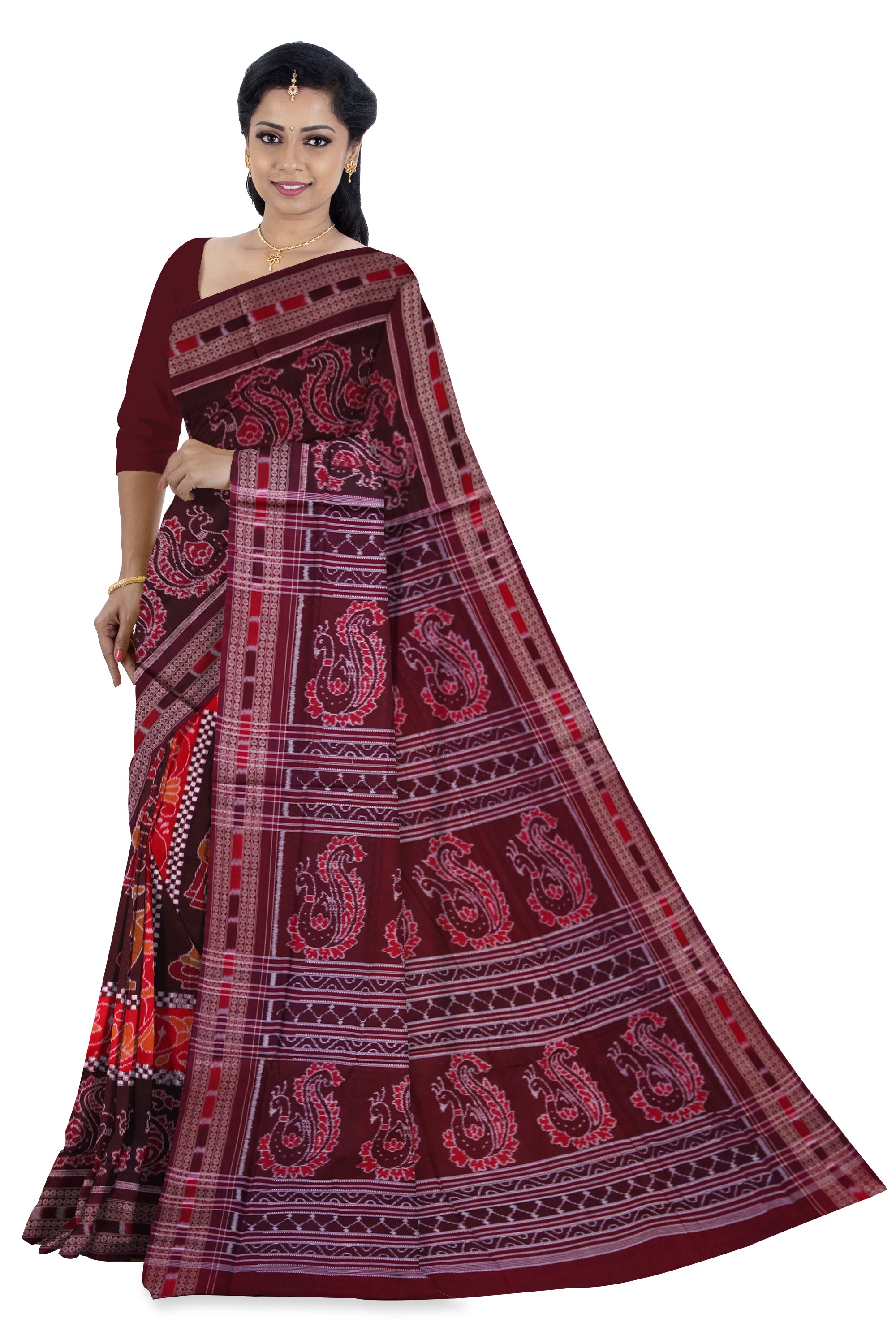 Traditional peacock with nartaki bandha design on full body in Orange and Coffee colour , Peacock pallu with a attractive border sambalpuri saree, - Koshali Arts & Crafts Enterprise