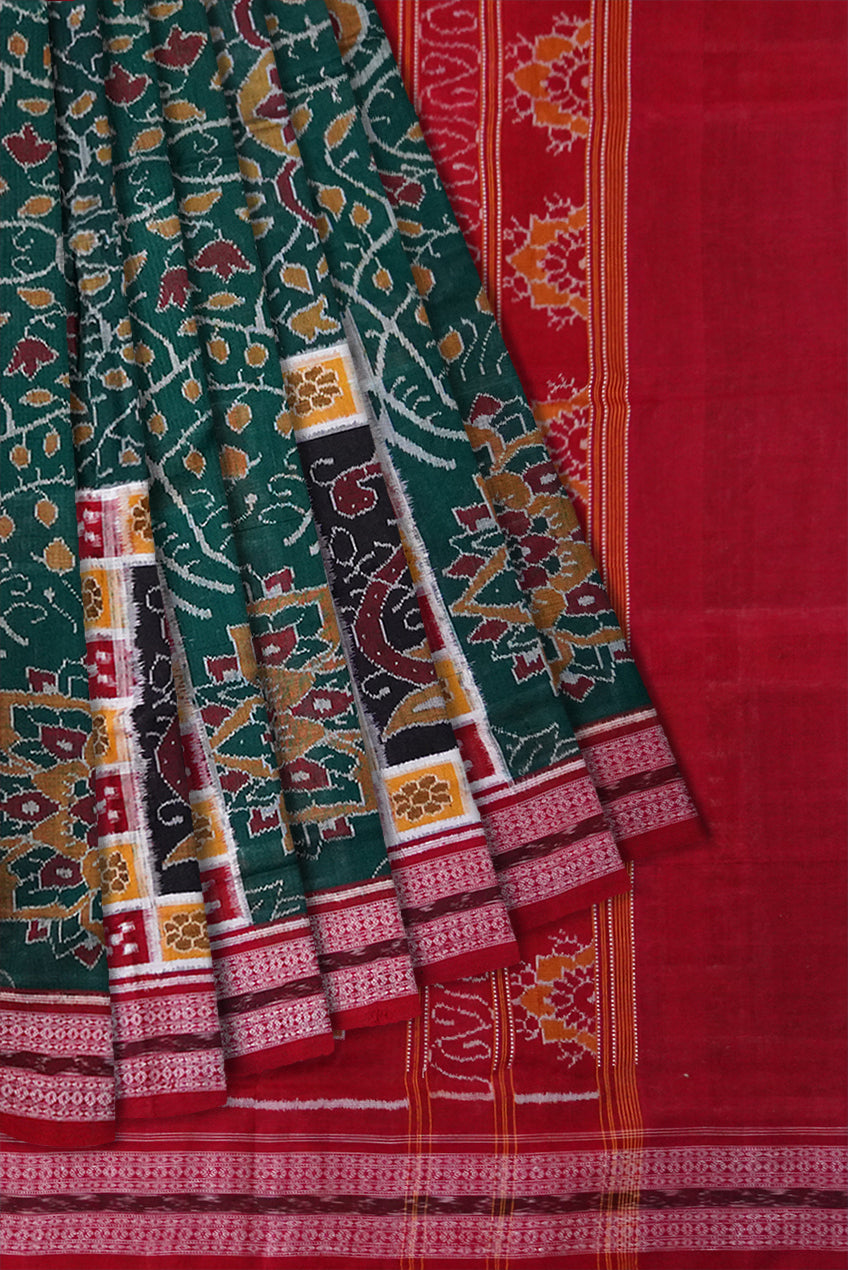 Traditionaly work on flowers with vines and box pattern pasapali design on full body in Green and Red colour sambalpuri saree. - Koshali Arts & Crafts Enterprise