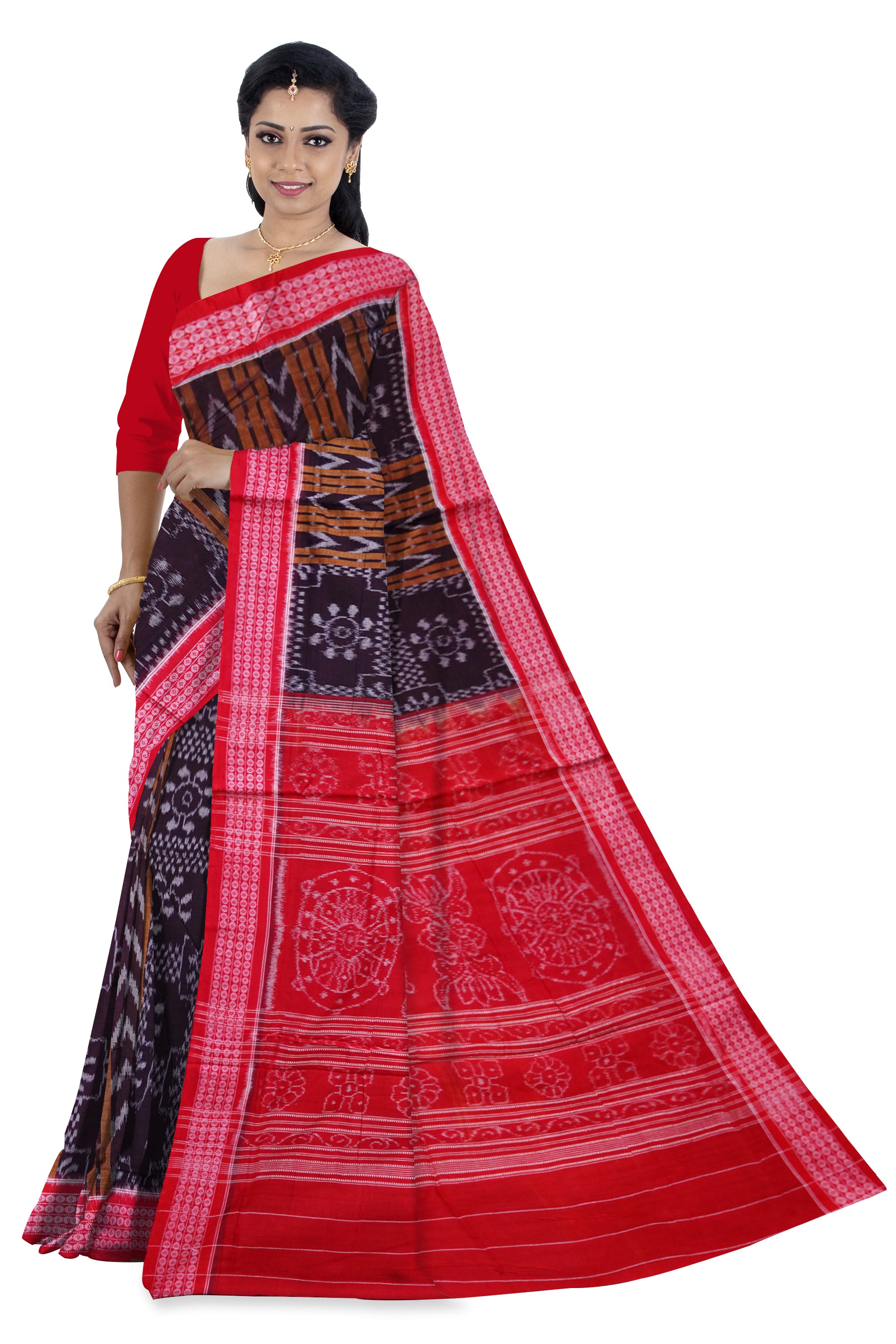 Circular flowers and Ikat design in lining pattern on whole body in Black and red colour sambalpuri saree. - Koshali Arts & Crafts Enterprise