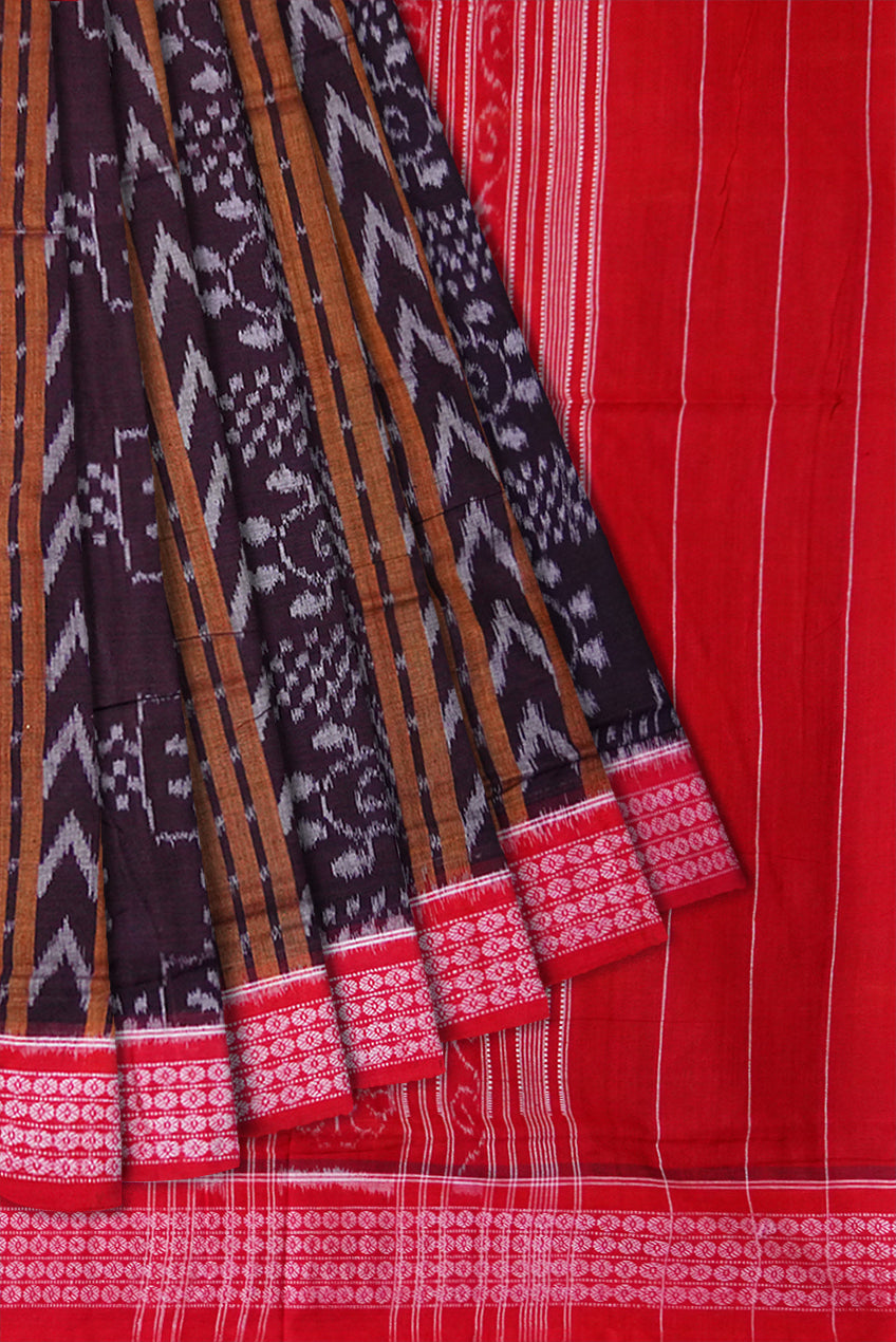 Circular flowers and Ikat design in lining pattern on whole body in Black and red colour sambalpuri saree. - Koshali Arts & Crafts Enterprise