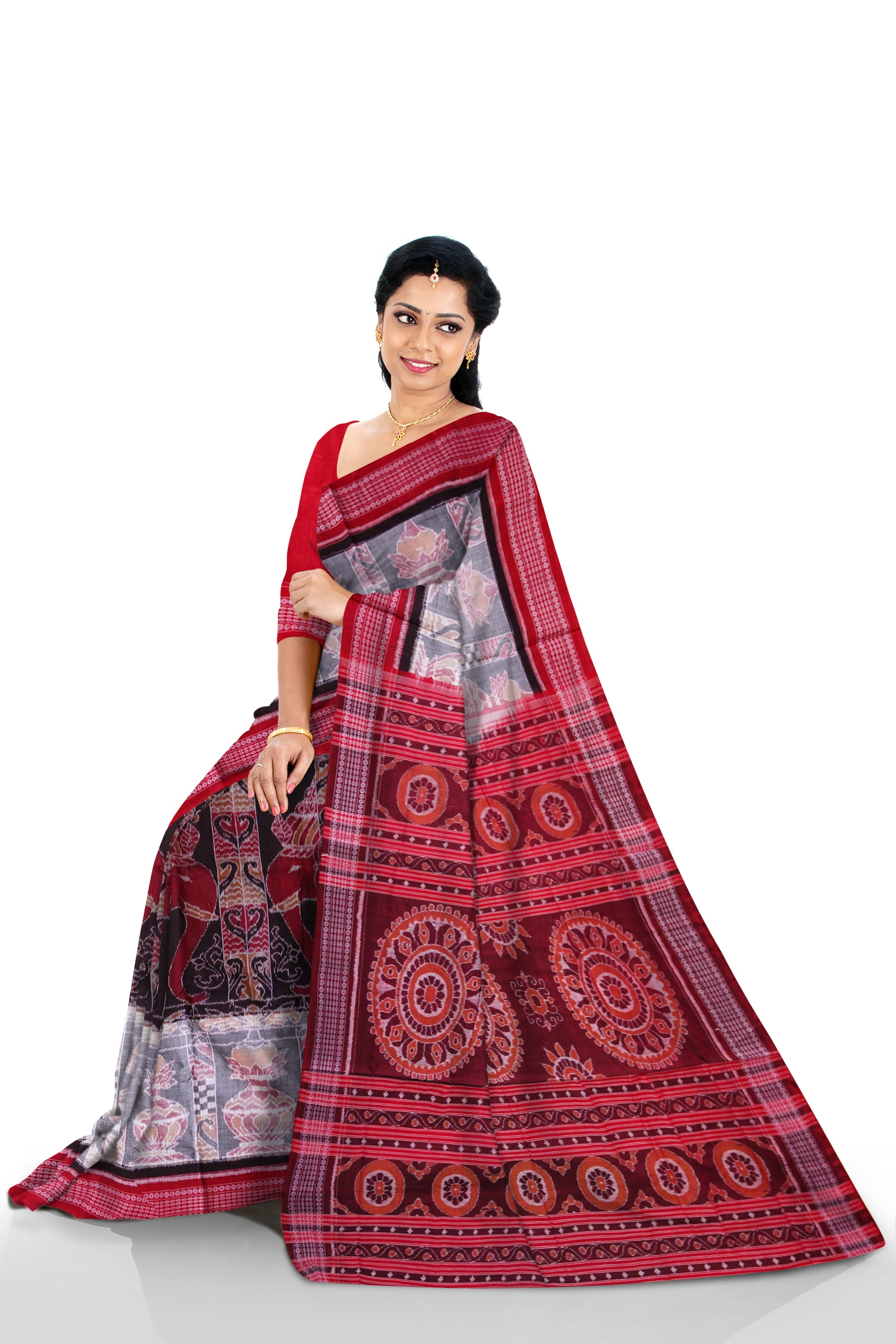 Royal Elephant and Kalasha design in traditionally work on full body in Black , white and red colour pure cotton saree. - Koshali Arts & Crafts Enterprise