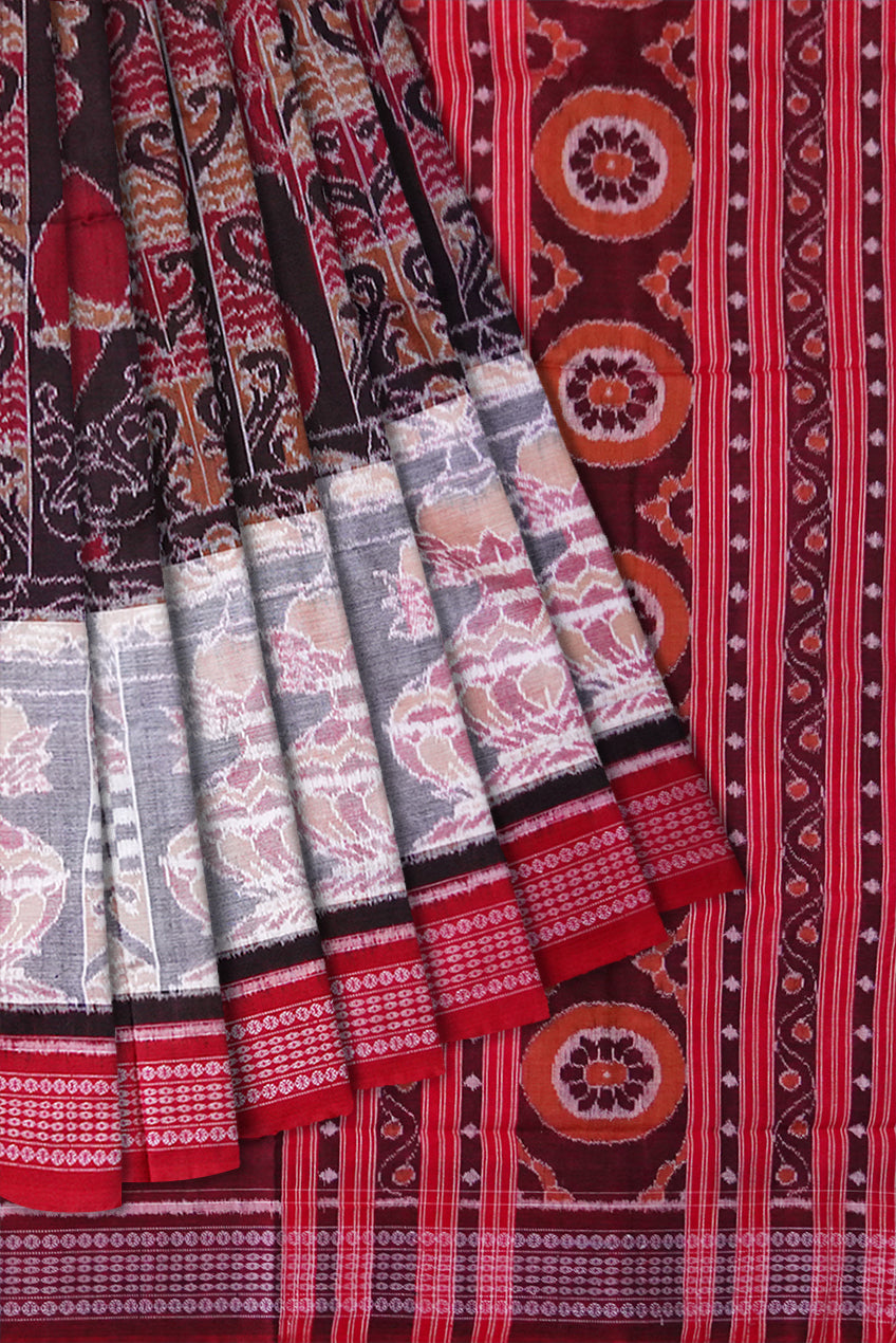 Royal Elephant and Kalasha design in traditionally work on full body in Black , white and red colour pure cotton saree. - Koshali Arts & Crafts Enterprise