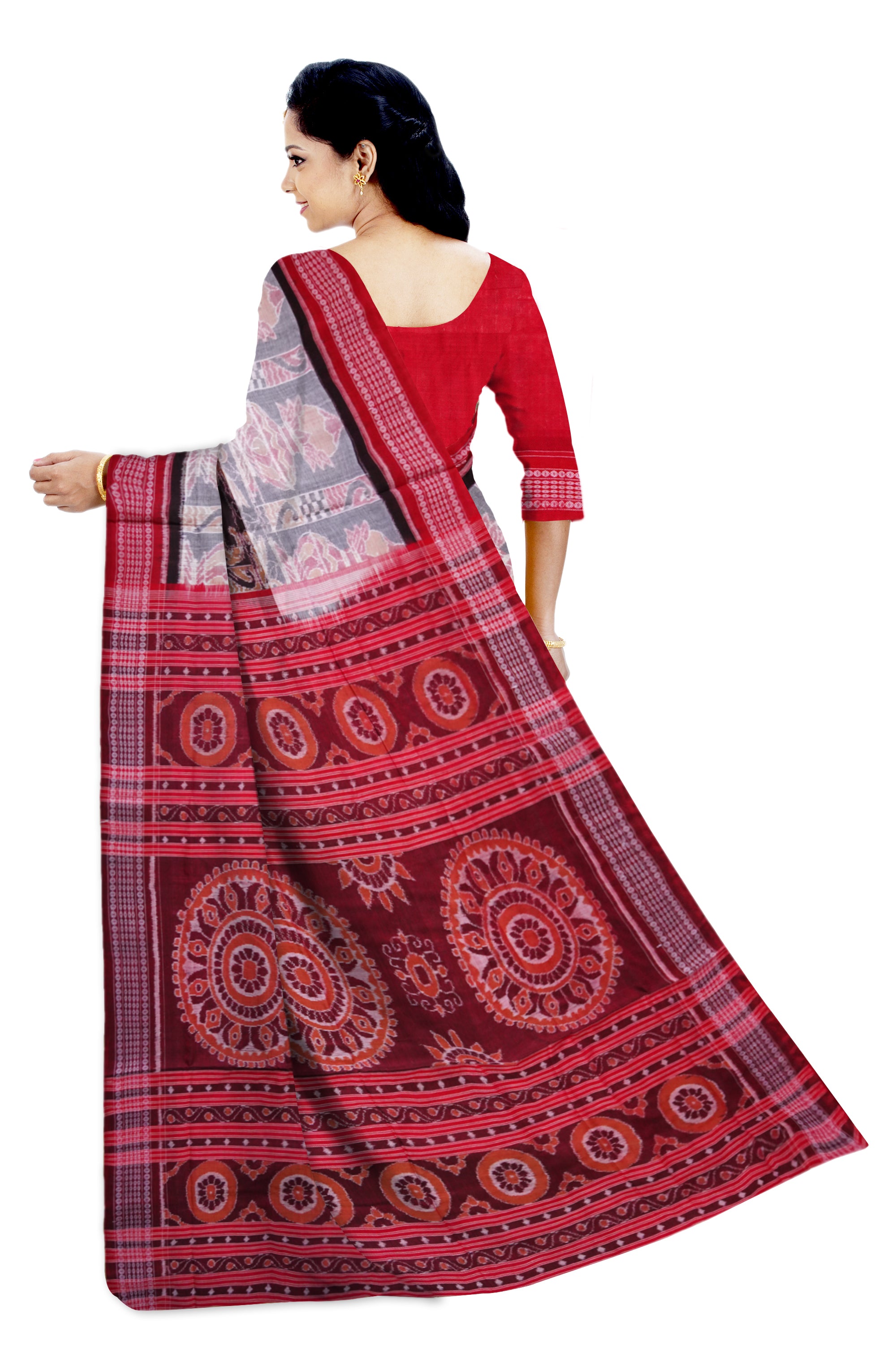 Royal Elephant and Kalasha design in traditionally work on full body in Black , white and red colour pure cotton saree. - Koshali Arts & Crafts Enterprise