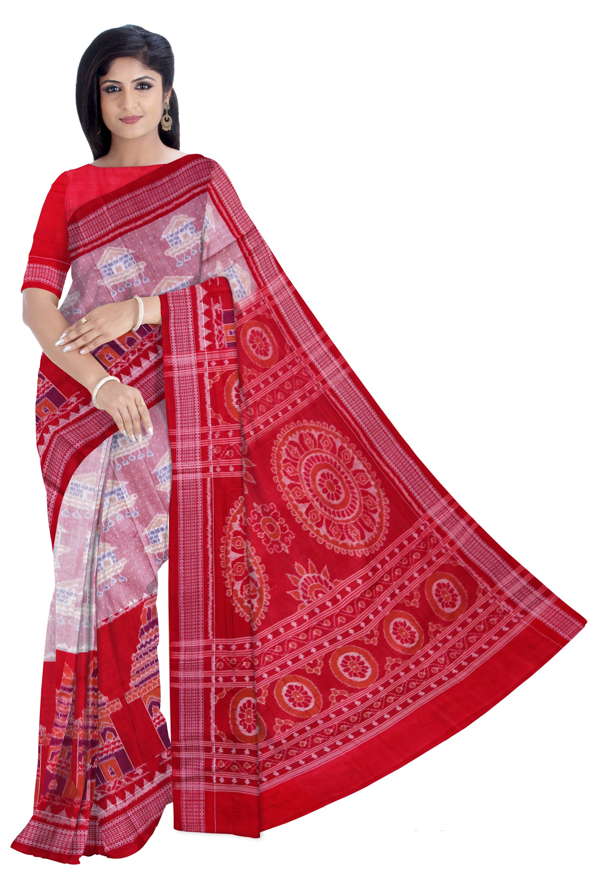 Konark desiged on whole body in Red and white colour, pallu design is based on traditional flower pattern cotton saree. - Koshali Arts & Crafts Enterprise