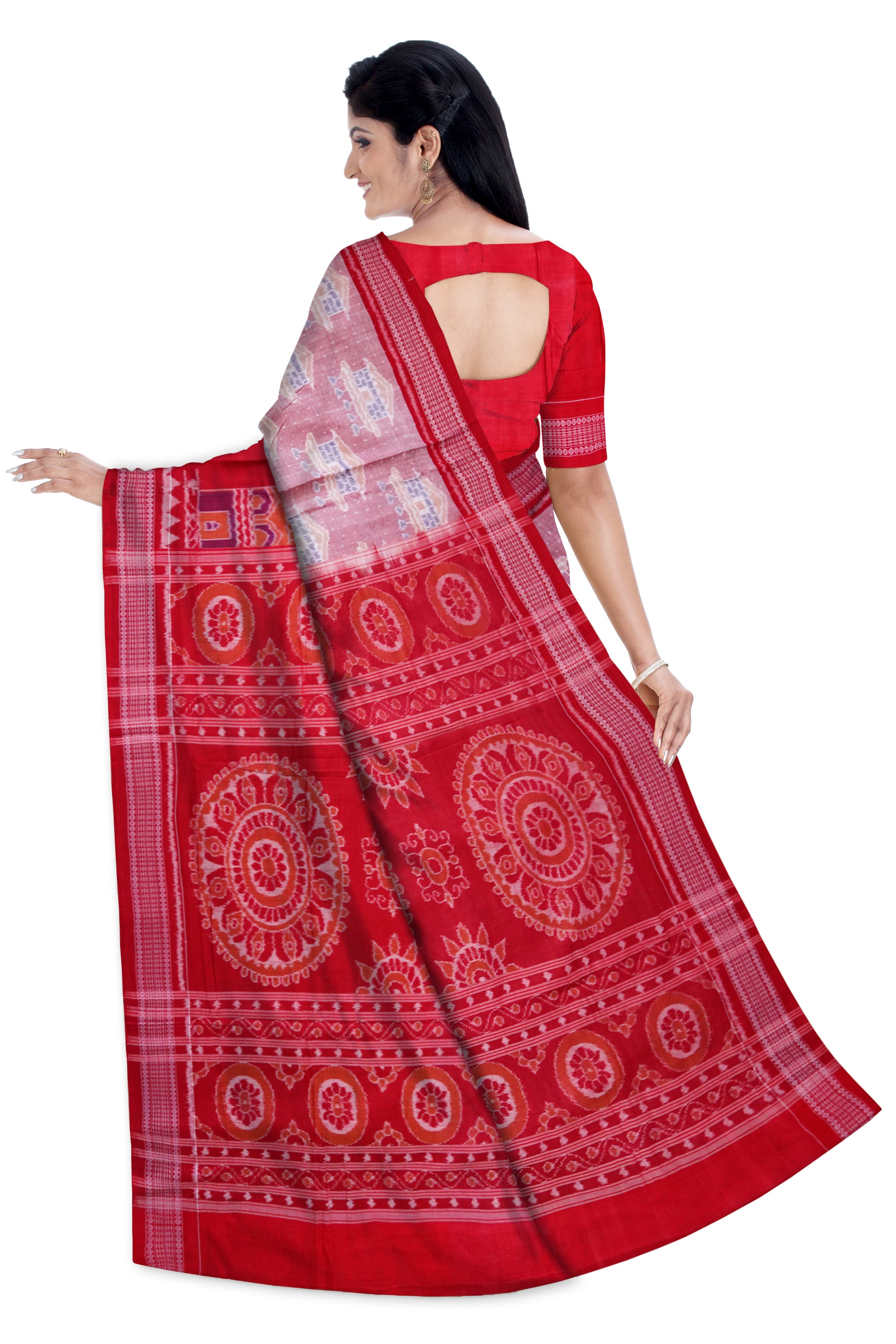 Konark desiged on whole body in Red and white colour, pallu design is based on traditional flower pattern cotton saree. - Koshali Arts & Crafts Enterprise