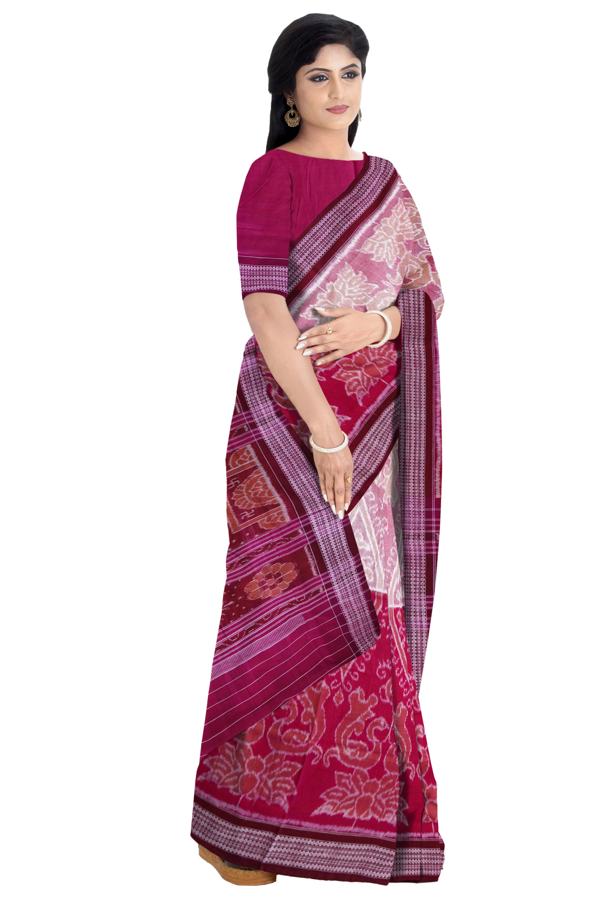 Peacock stand in lotus flower work o traditional base design with both side of the saree in Pink, white and maroon colour. - Koshali Arts & Crafts Enterprise