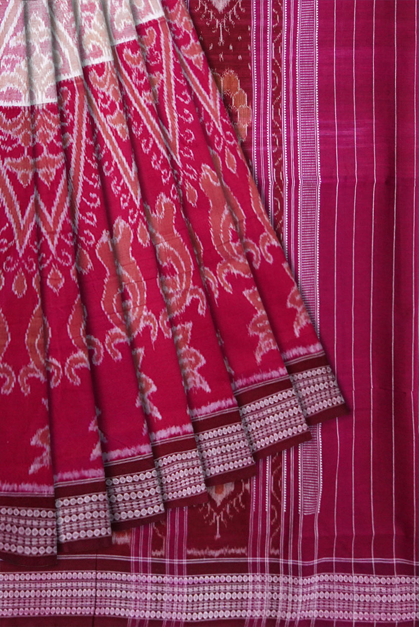 Animals with box pattern and Birds with vines bandha design, big border with nartaki pattern pallu in maroon and orange colour saree. - Koshali Arts & Crafts Enterprise