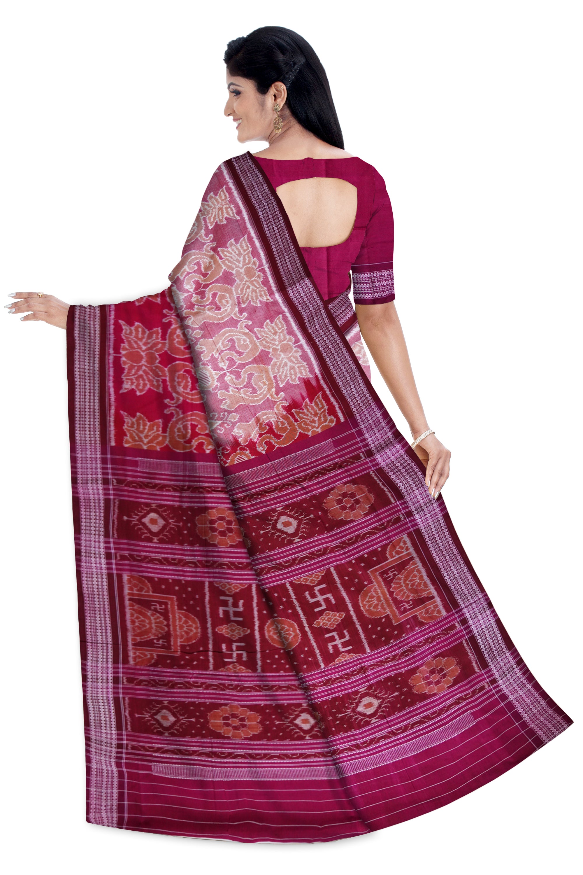 Peacock stand in lotus flower work o traditional base design with both side of the saree in Pink, white and maroon colour. - Koshali Arts & Crafts Enterprise