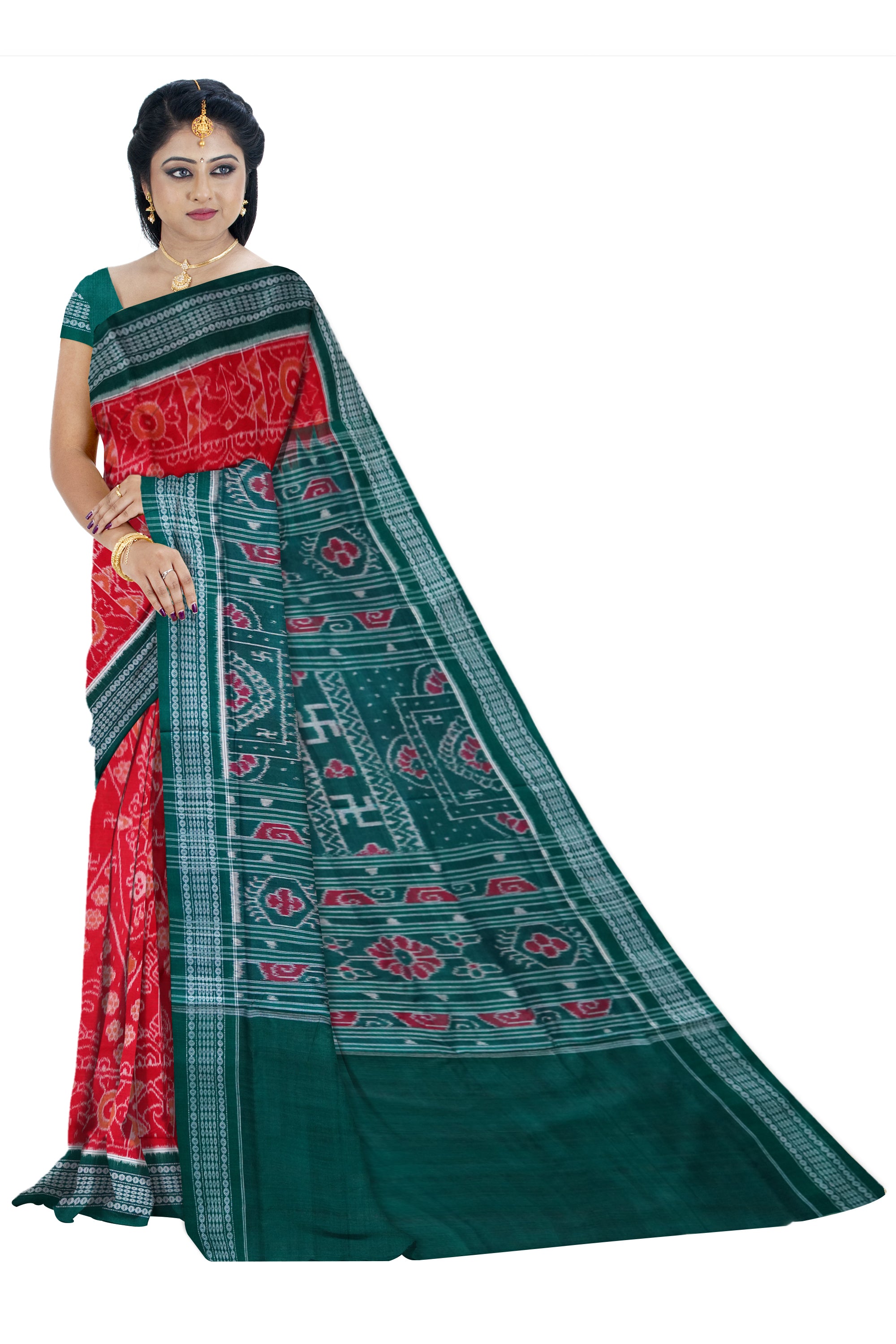 Maroon and dark sea-green color peacock and flowers pattern sambalpuri cotton saree. - Koshali Arts & Crafts Enterprise