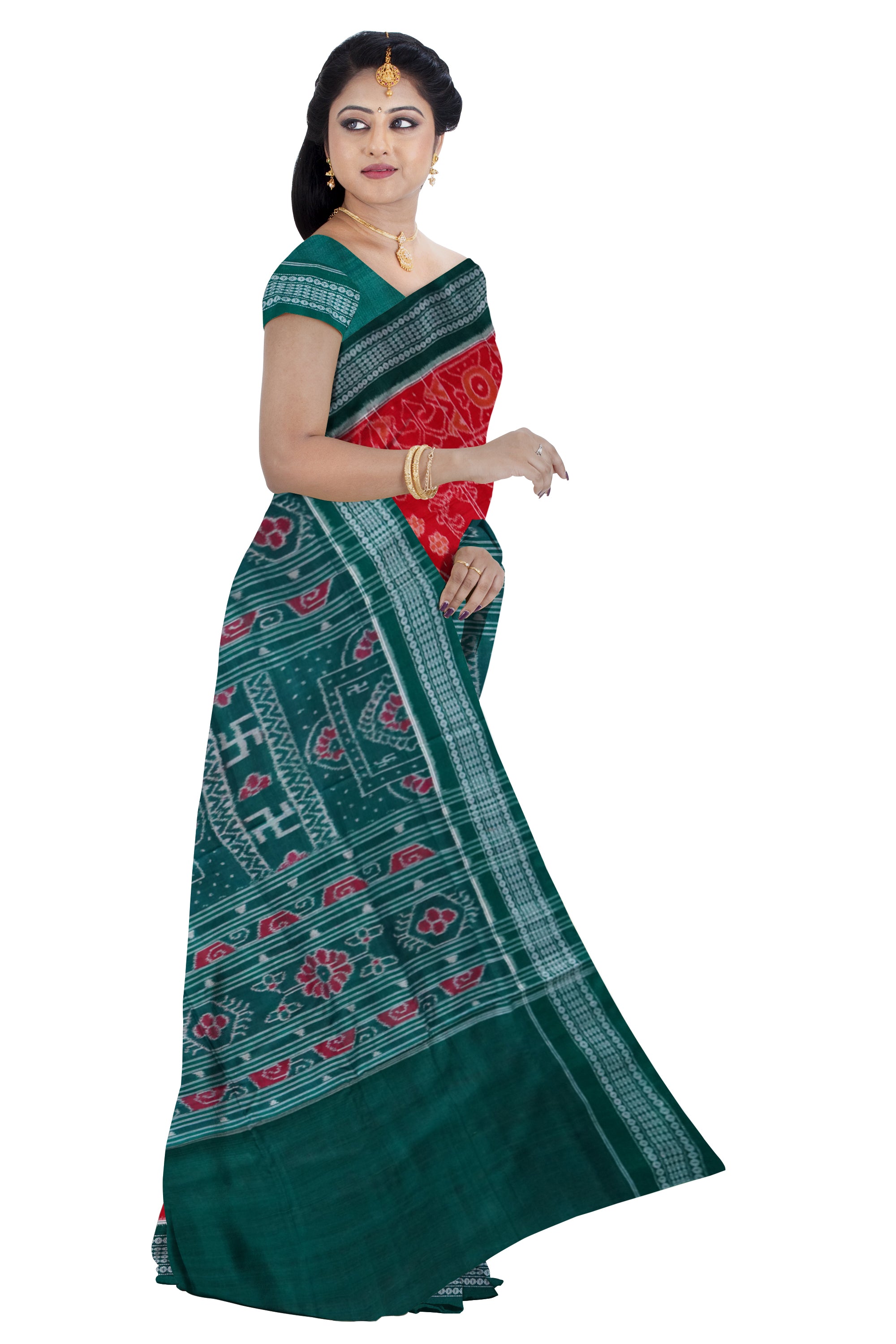 Maroon and dark sea-green color peacock and flowers pattern sambalpuri cotton saree. - Koshali Arts & Crafts Enterprise