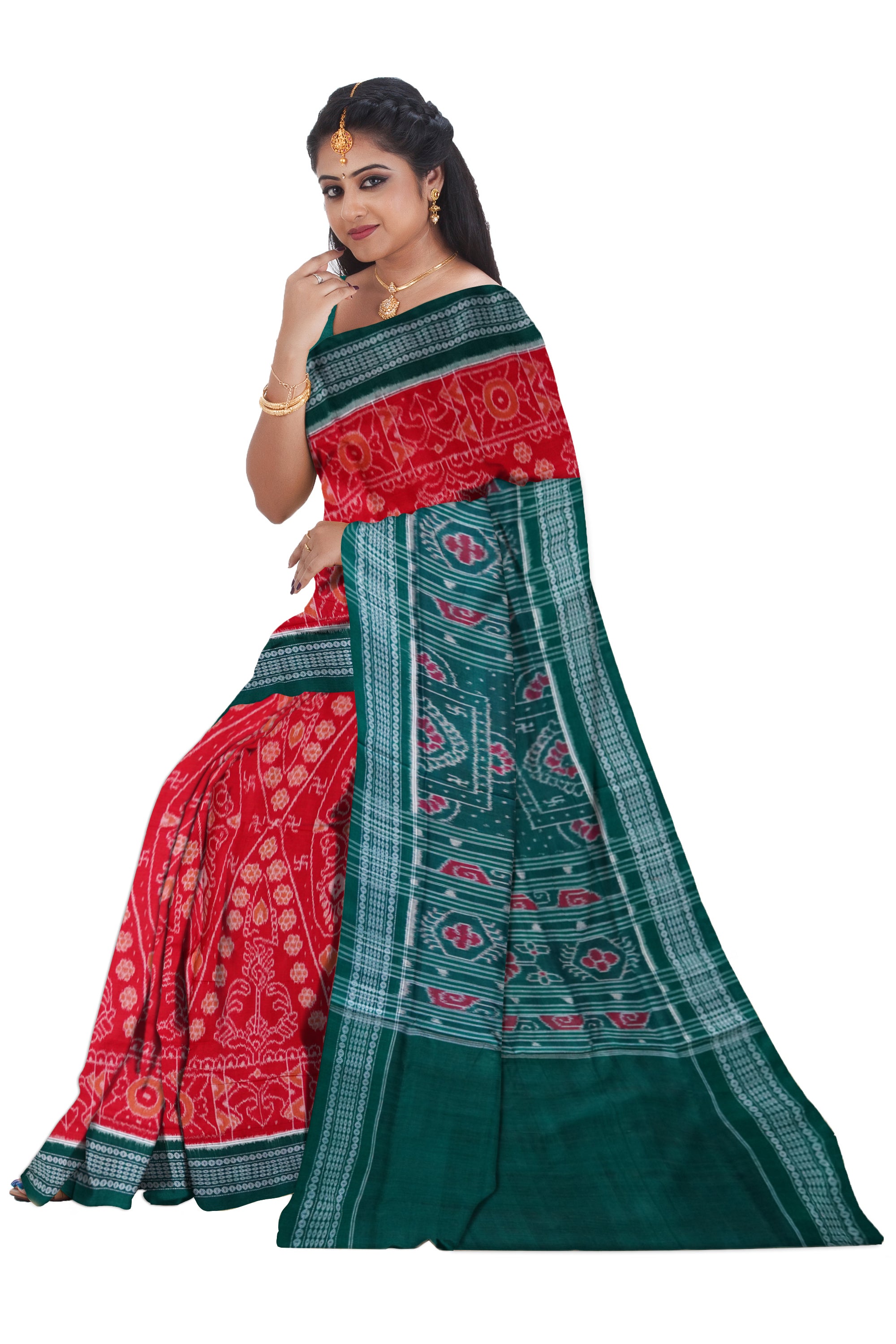 Maroon and dark sea-green color peacock and flowers pattern sambalpuri cotton saree. - Koshali Arts & Crafts Enterprise