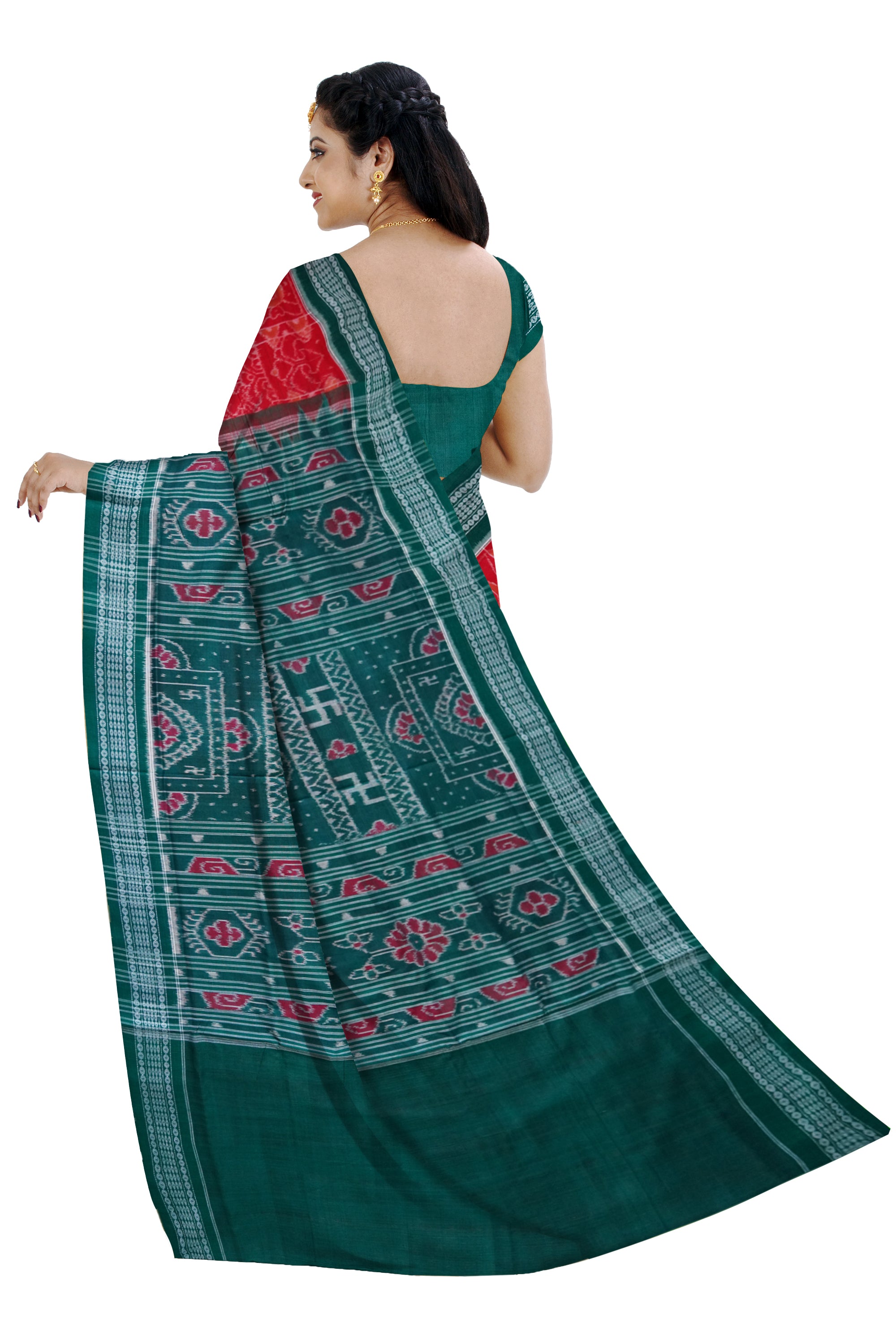 Maroon and dark sea-green color peacock and flowers pattern sambalpuri cotton saree. - Koshali Arts & Crafts Enterprise