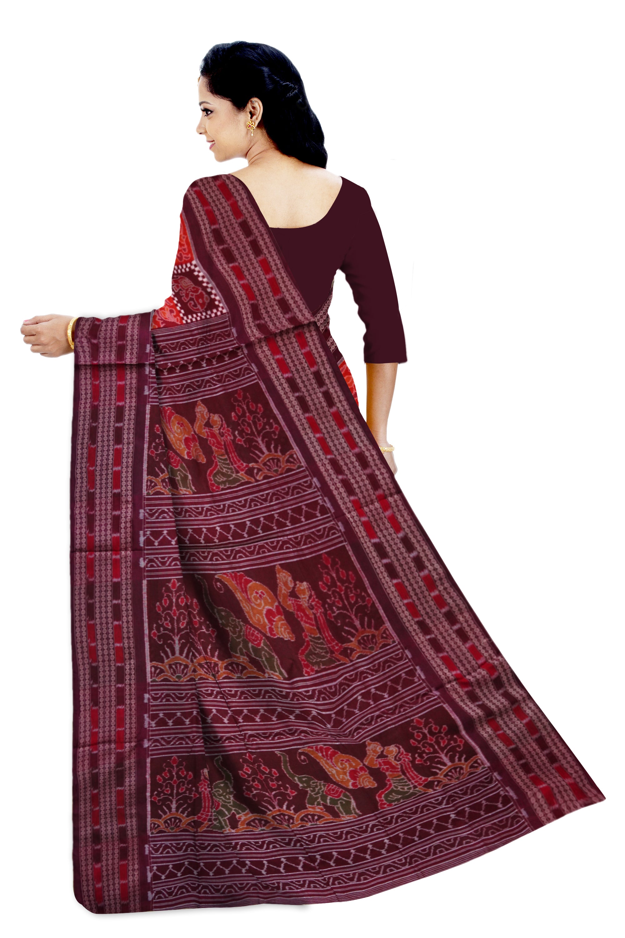 Animals with box pattern and Birds with vines bandha design, big border with nartaki pattern pallu in maroon and orange colour saree. - Koshali Arts & Crafts Enterprise