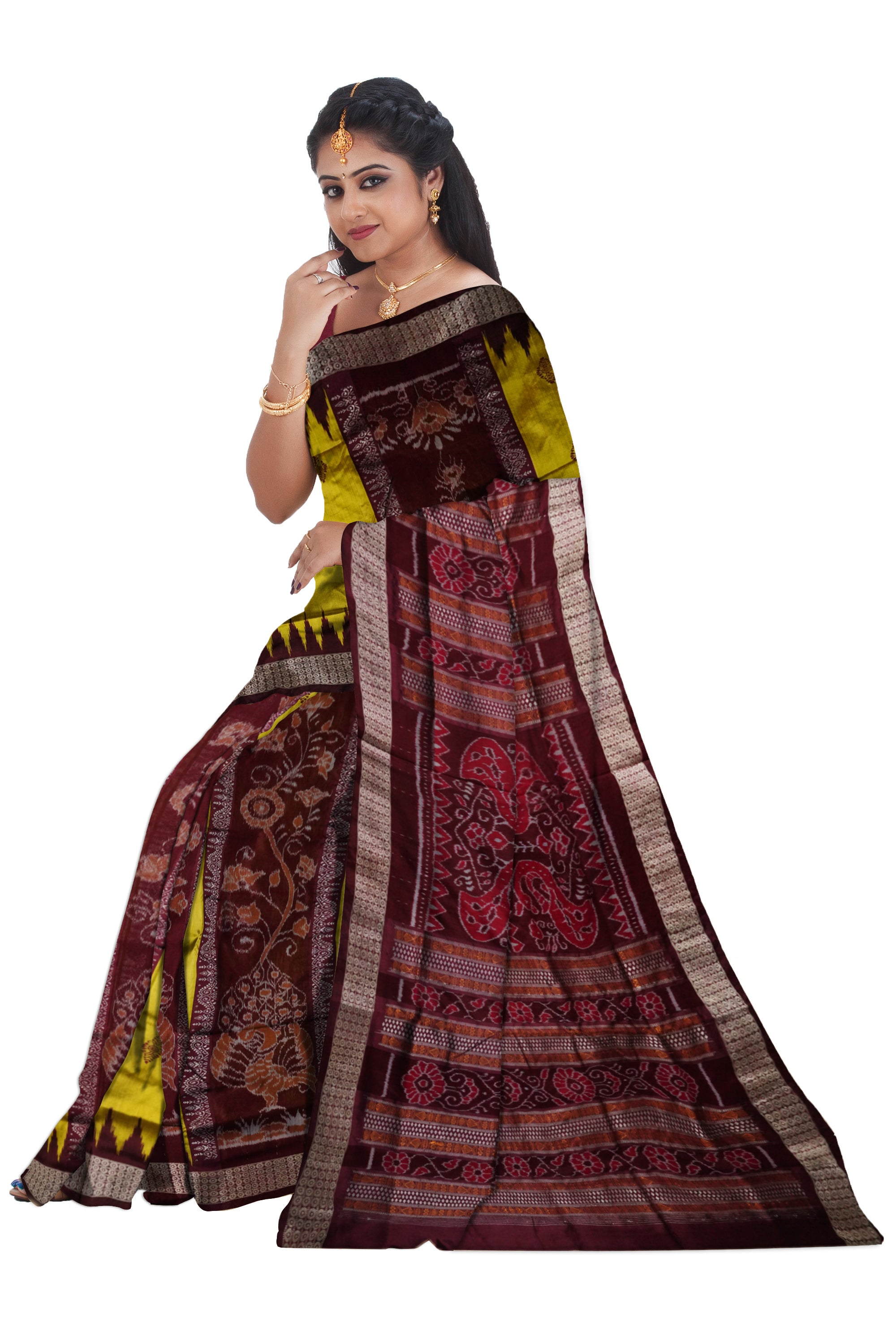 Traditional peacock pattern bomkei pata saree is Yellow & Coffee color. - Koshali Arts & Crafts Enterprise