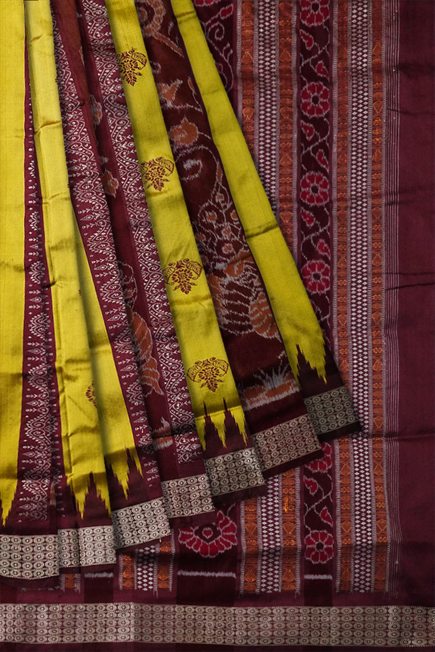Traditional peacock pattern bomkei pata saree is Yellow & Coffee color. - Koshali Arts & Crafts Enterprise