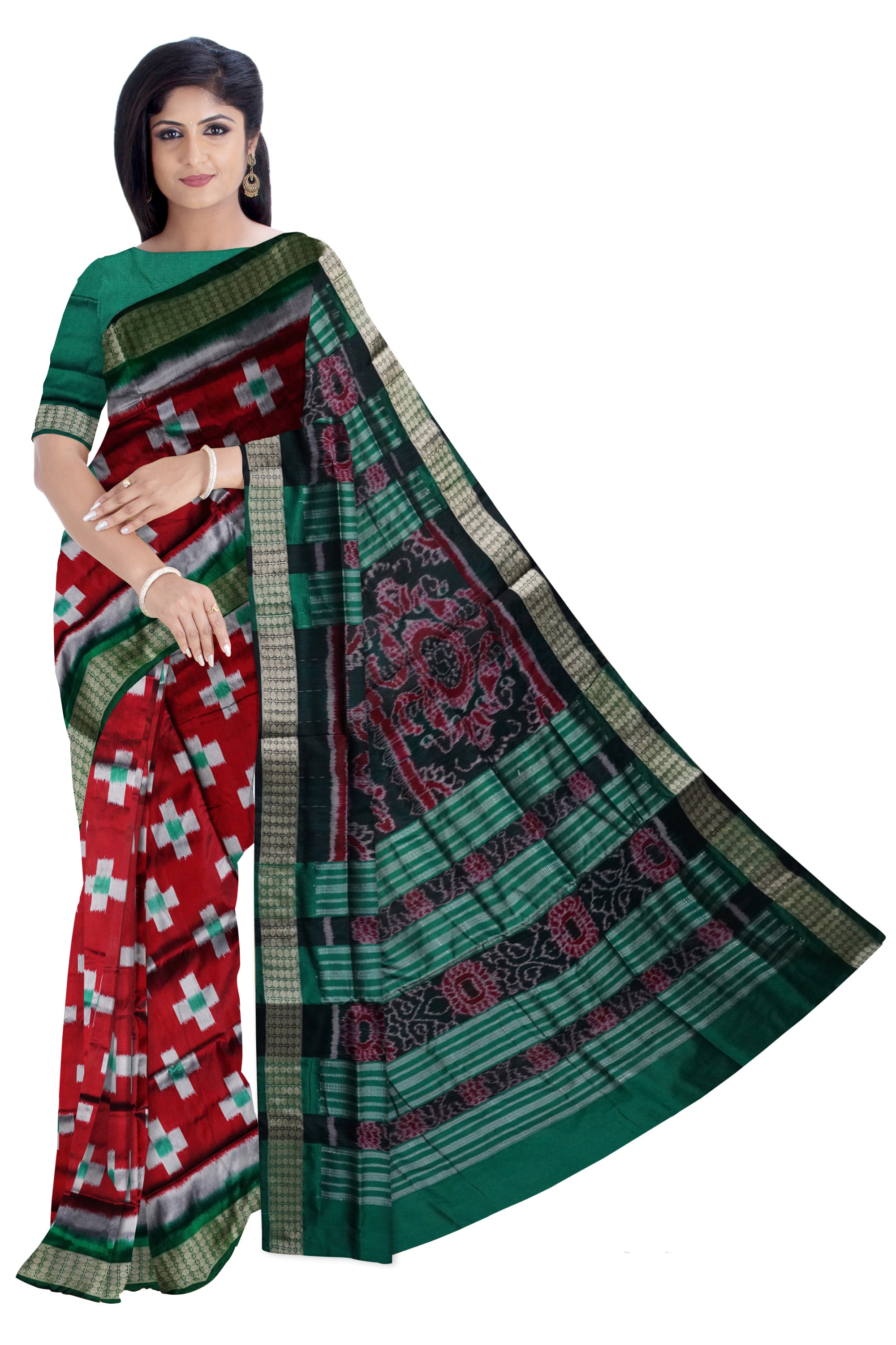 Maroon & Green color tara pattern pata saree. - Koshali Arts & Crafts Enterprise