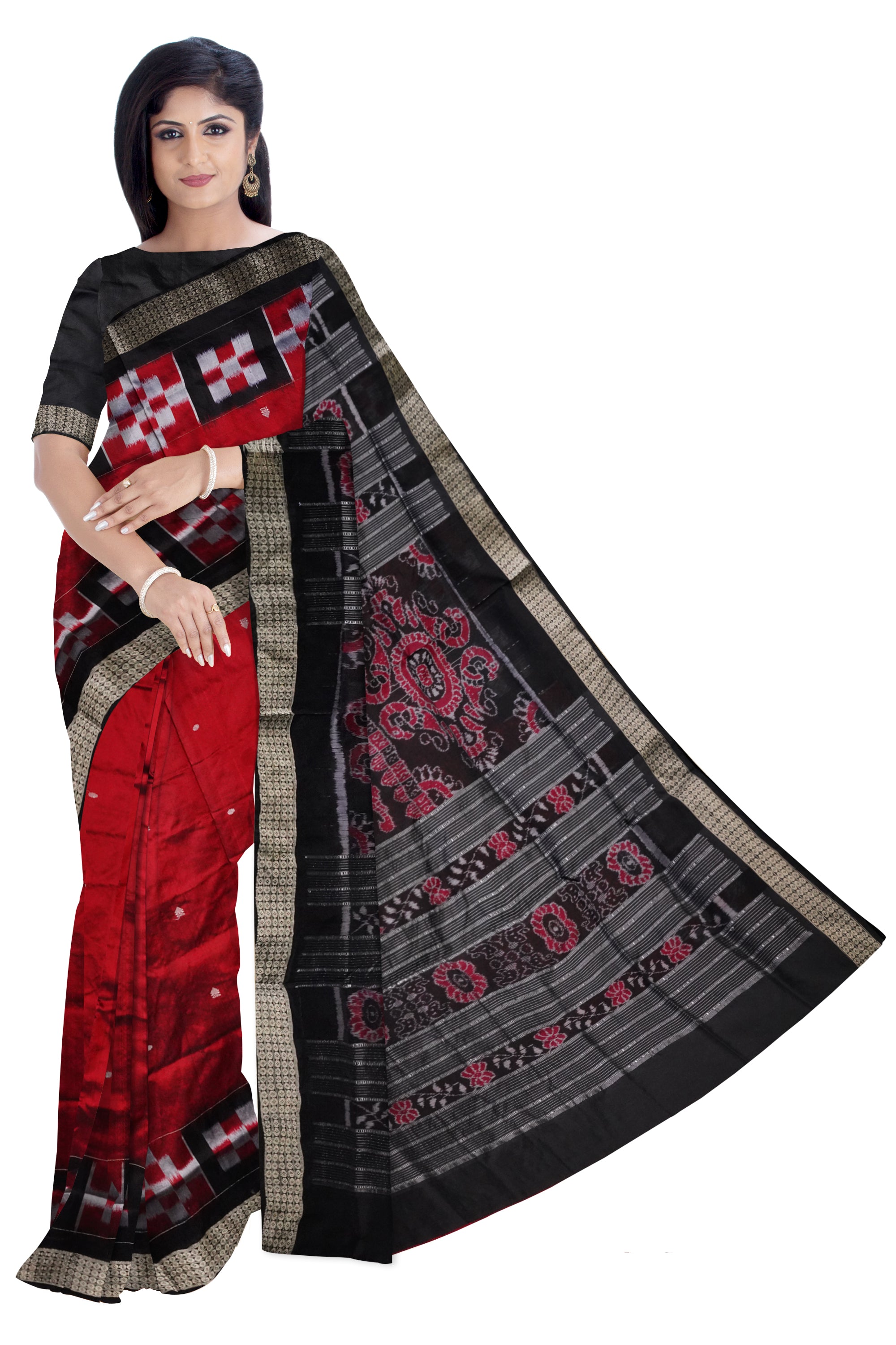 Border big Pasapali & body small booty pattern pata saree in Maroon & Black color. - Koshali Arts & Crafts Enterprise