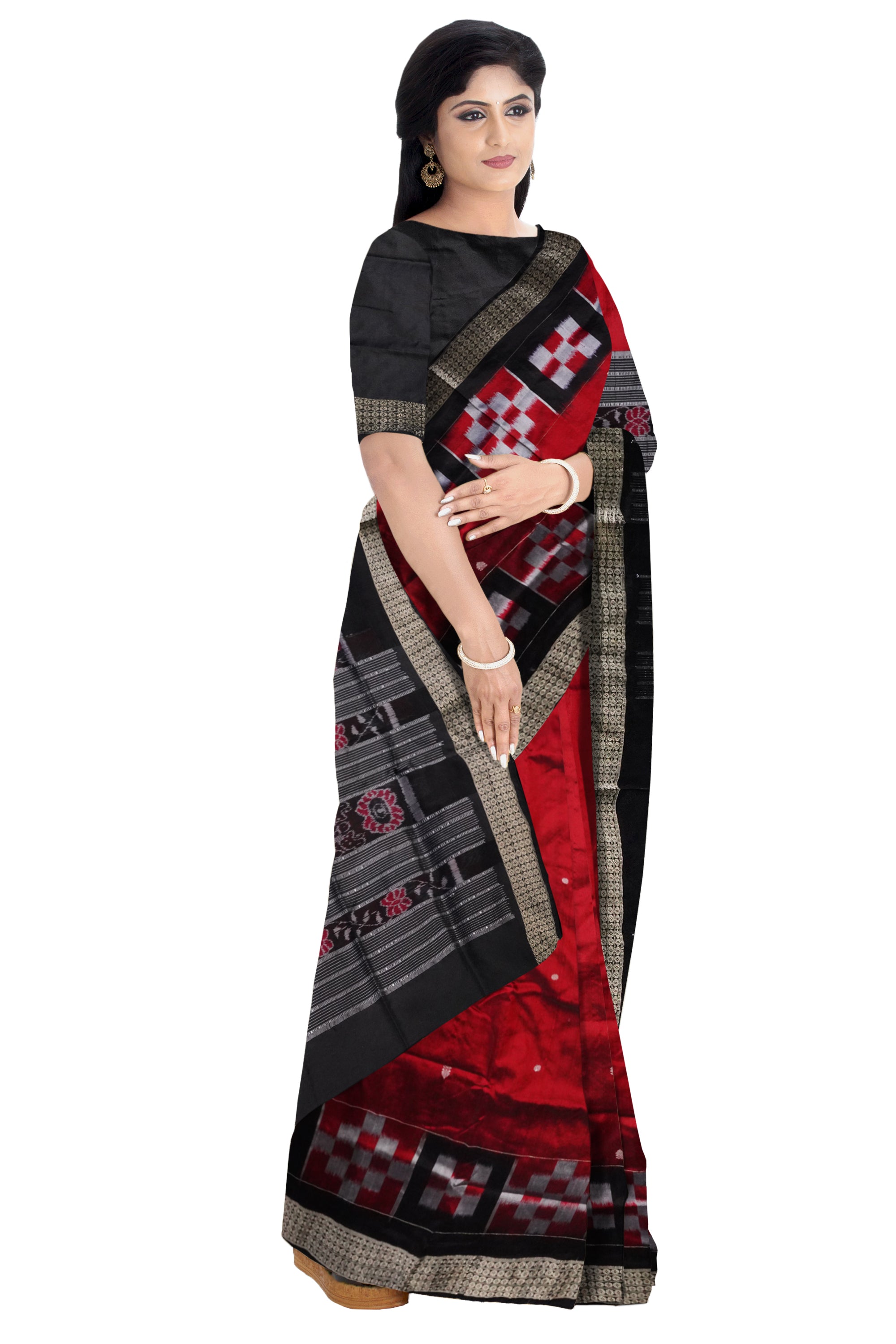 Border big Pasapali & body small booty pattern pata saree in Maroon & Black color. - Koshali Arts & Crafts Enterprise