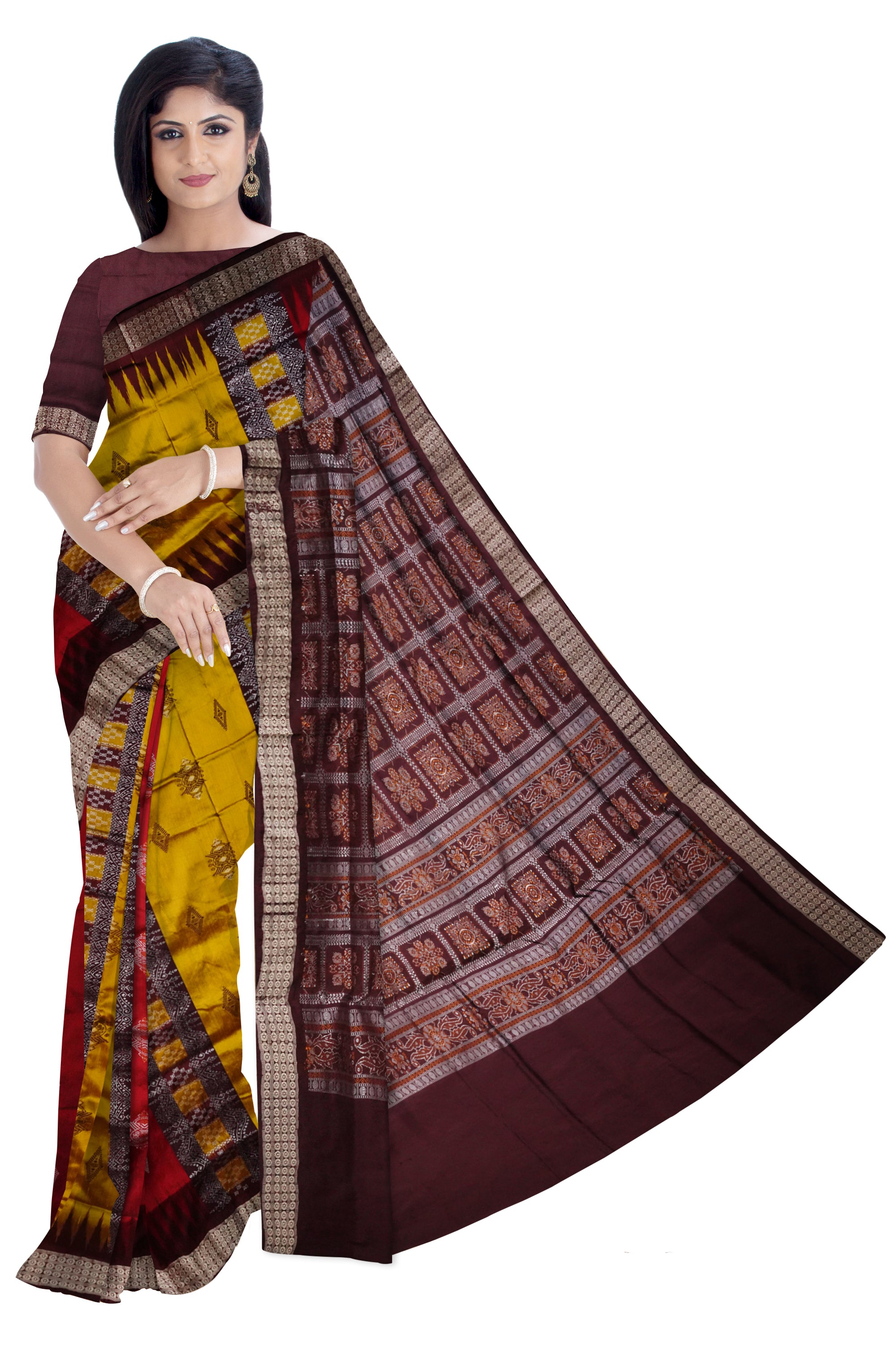 Yellow & Maroon color Bomkei pattern pata saree. - Koshali Arts & Crafts Enterprise
