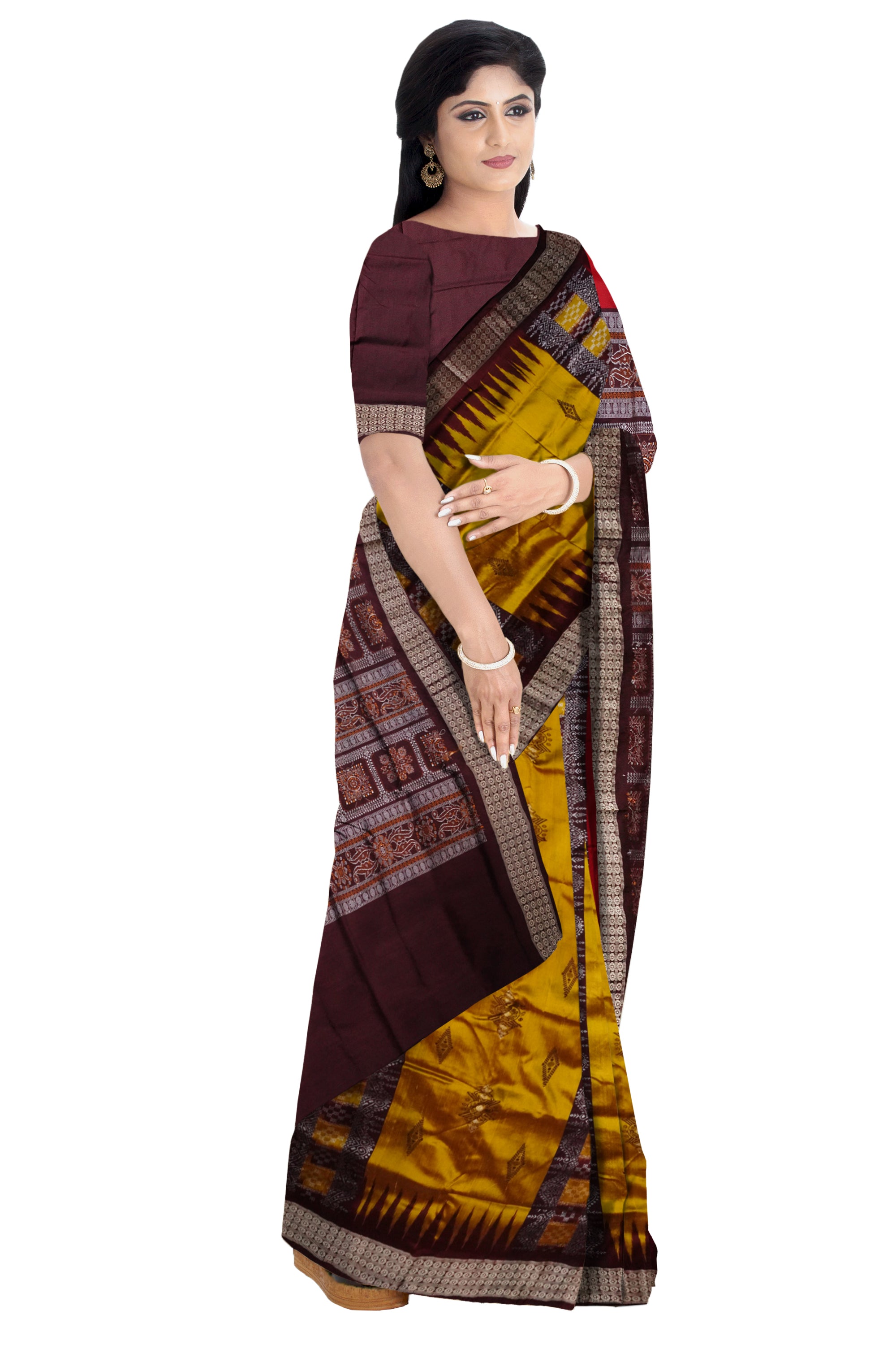 Yellow & Maroon color Bomkei pattern pata saree. - Koshali Arts & Crafts Enterprise