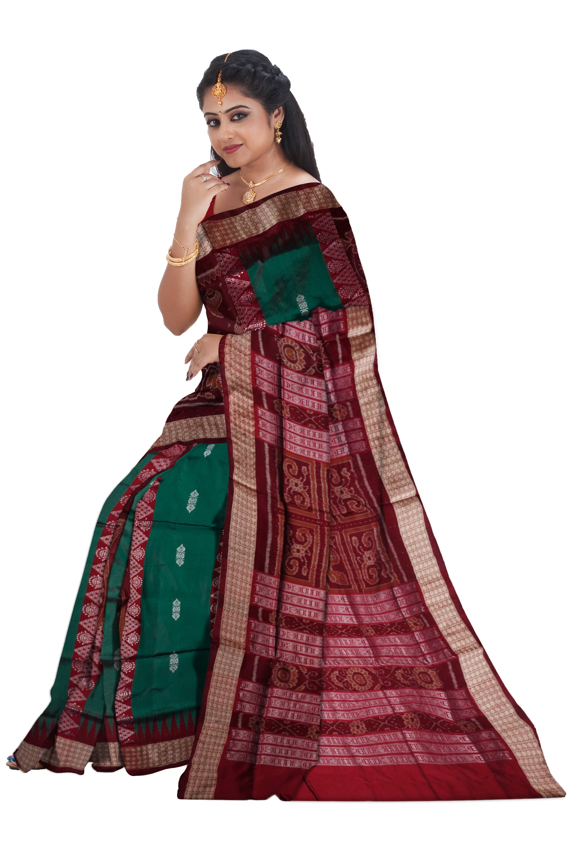 Dark green & Maroon color shankha pattern bomkei pata saree. - Koshali Arts & Crafts Enterprise