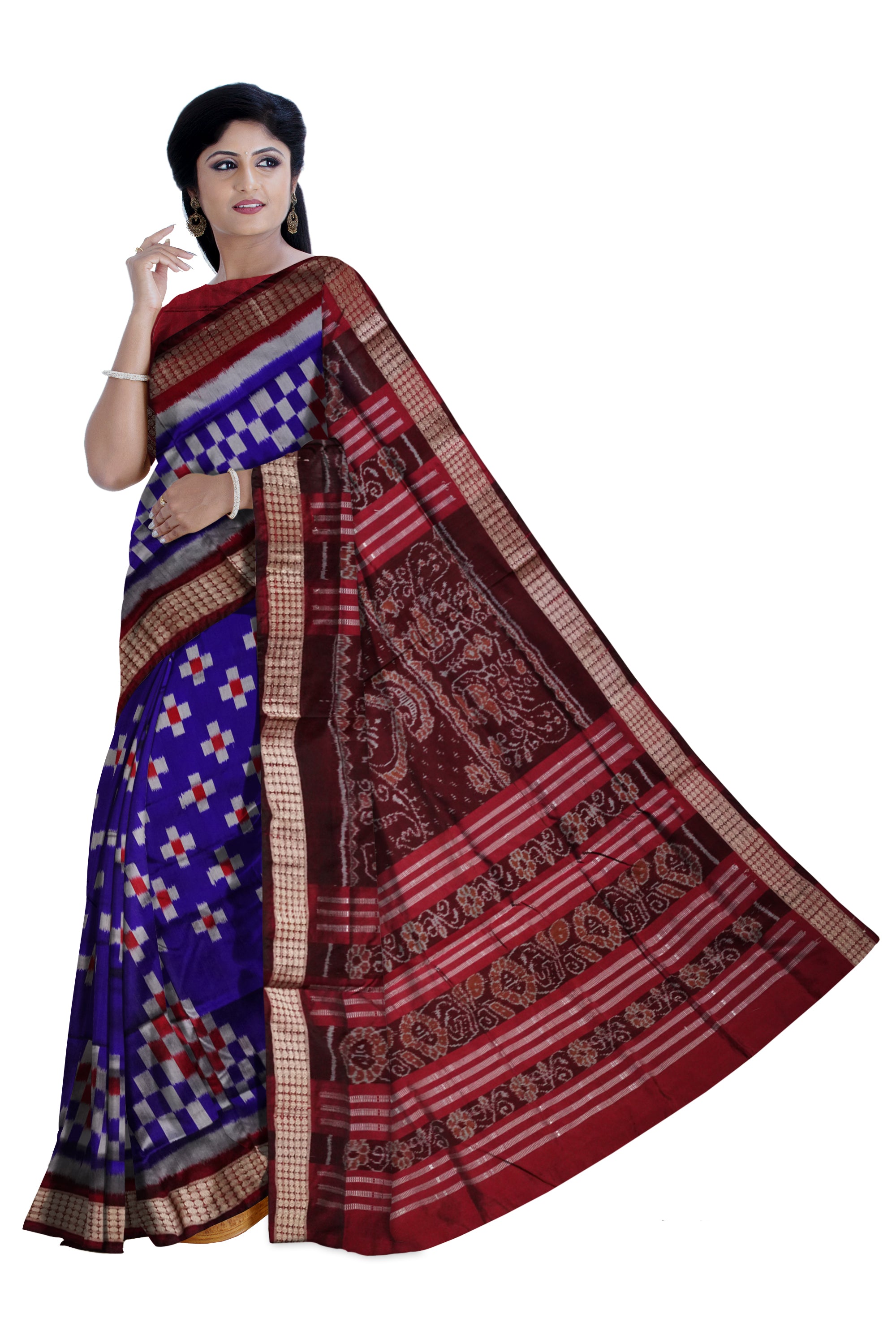 Traditional pasapali pattern pata saree is Blue & Coffee color. - Koshali Arts & Crafts Enterprise