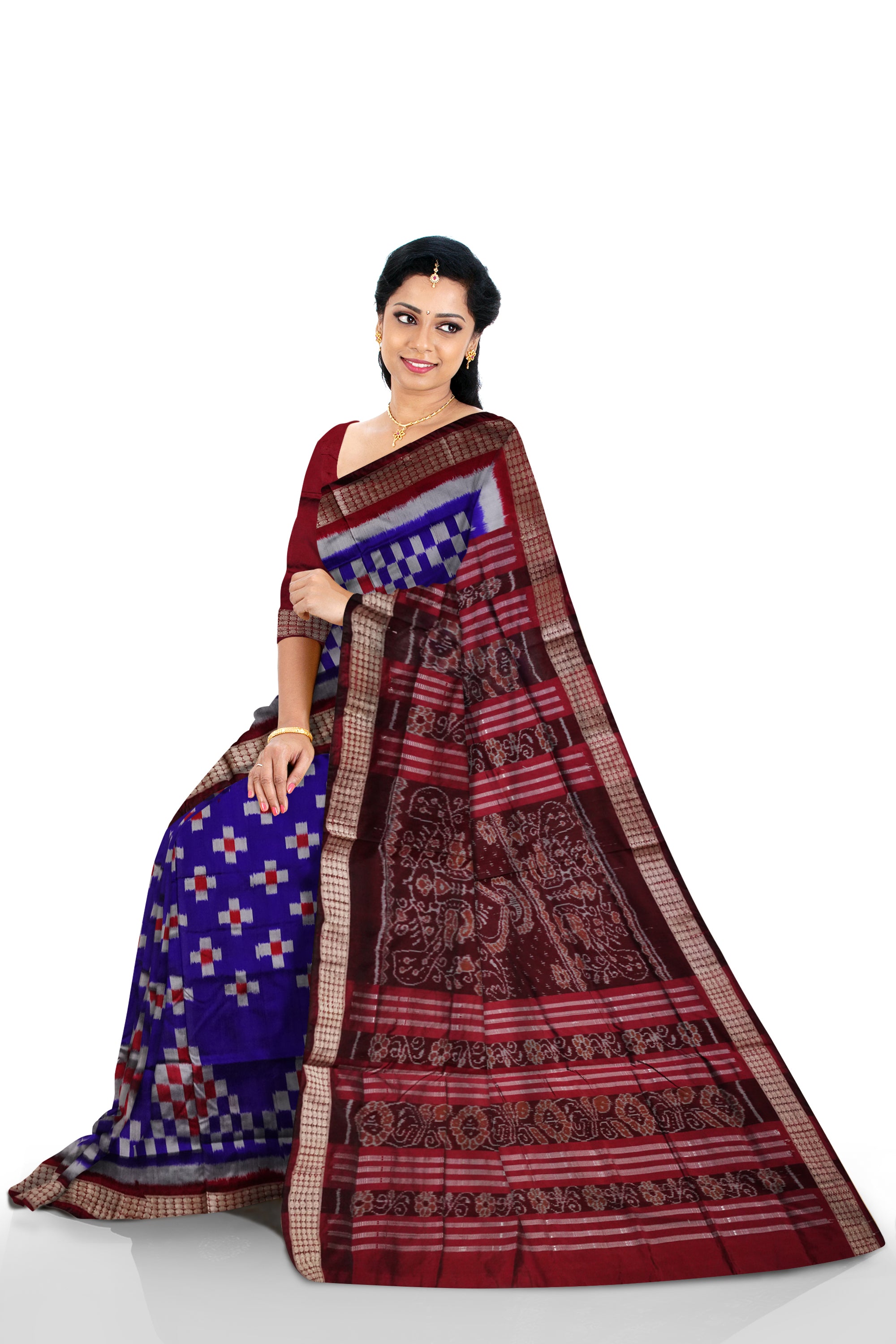 Traditional pasapali pattern pata saree is Blue & Coffee color. - Koshali Arts & Crafts Enterprise