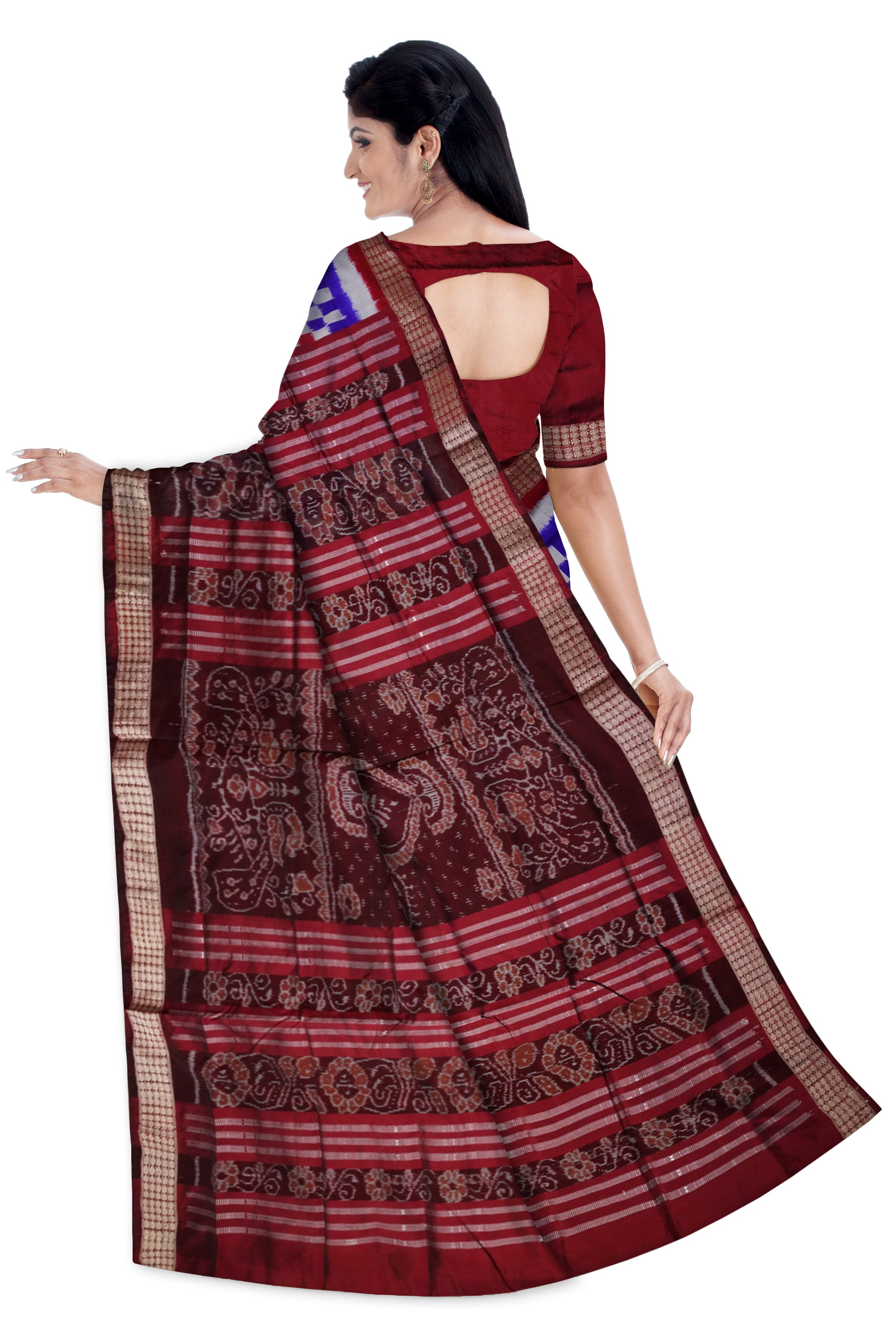 Traditional pasapali pattern pata saree is Blue & Coffee color. - Koshali Arts & Crafts Enterprise