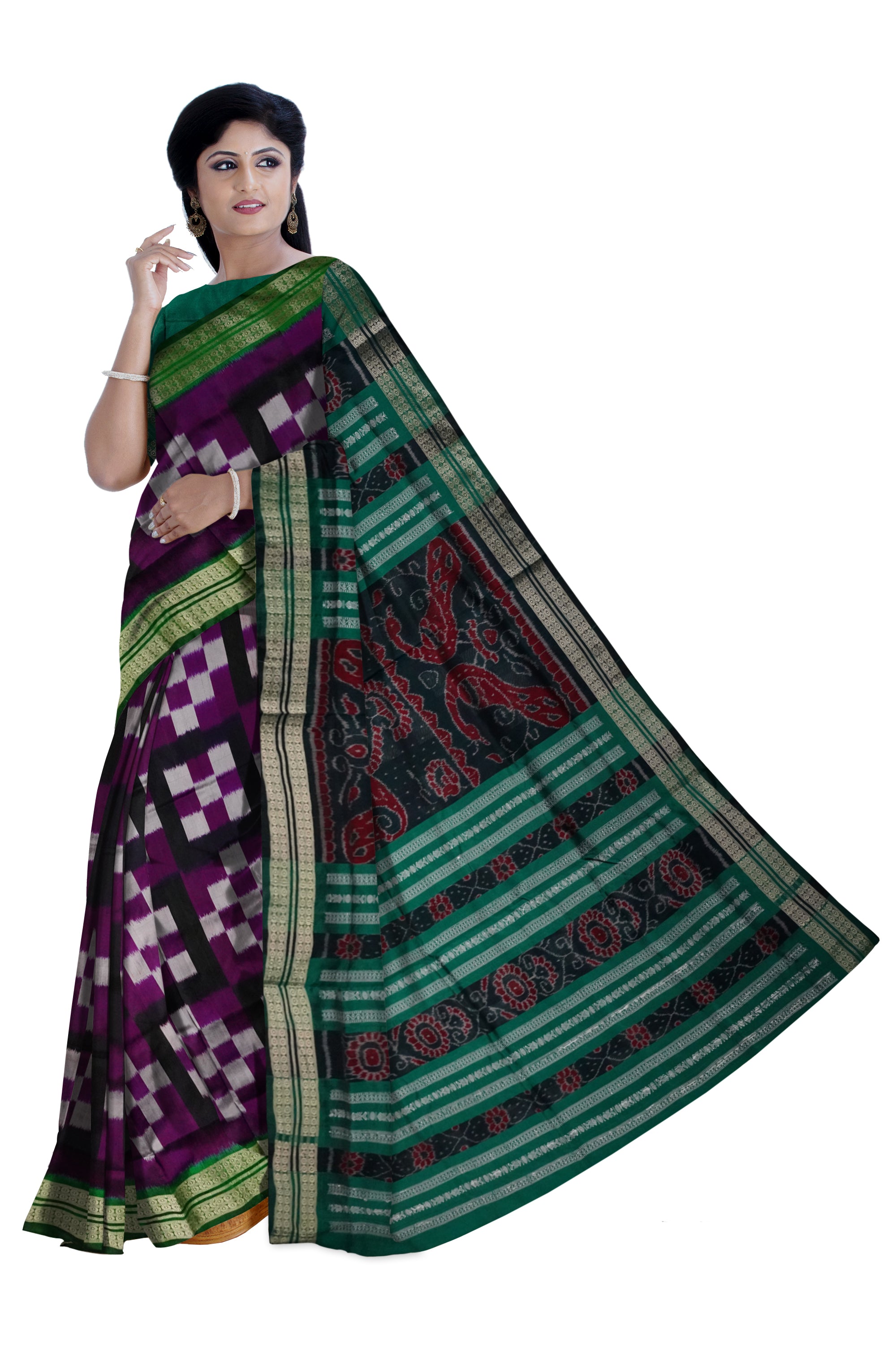 Purple, Black & Green color 5kuthi pasapali design pata saree. - Koshali Arts & Crafts Enterprise