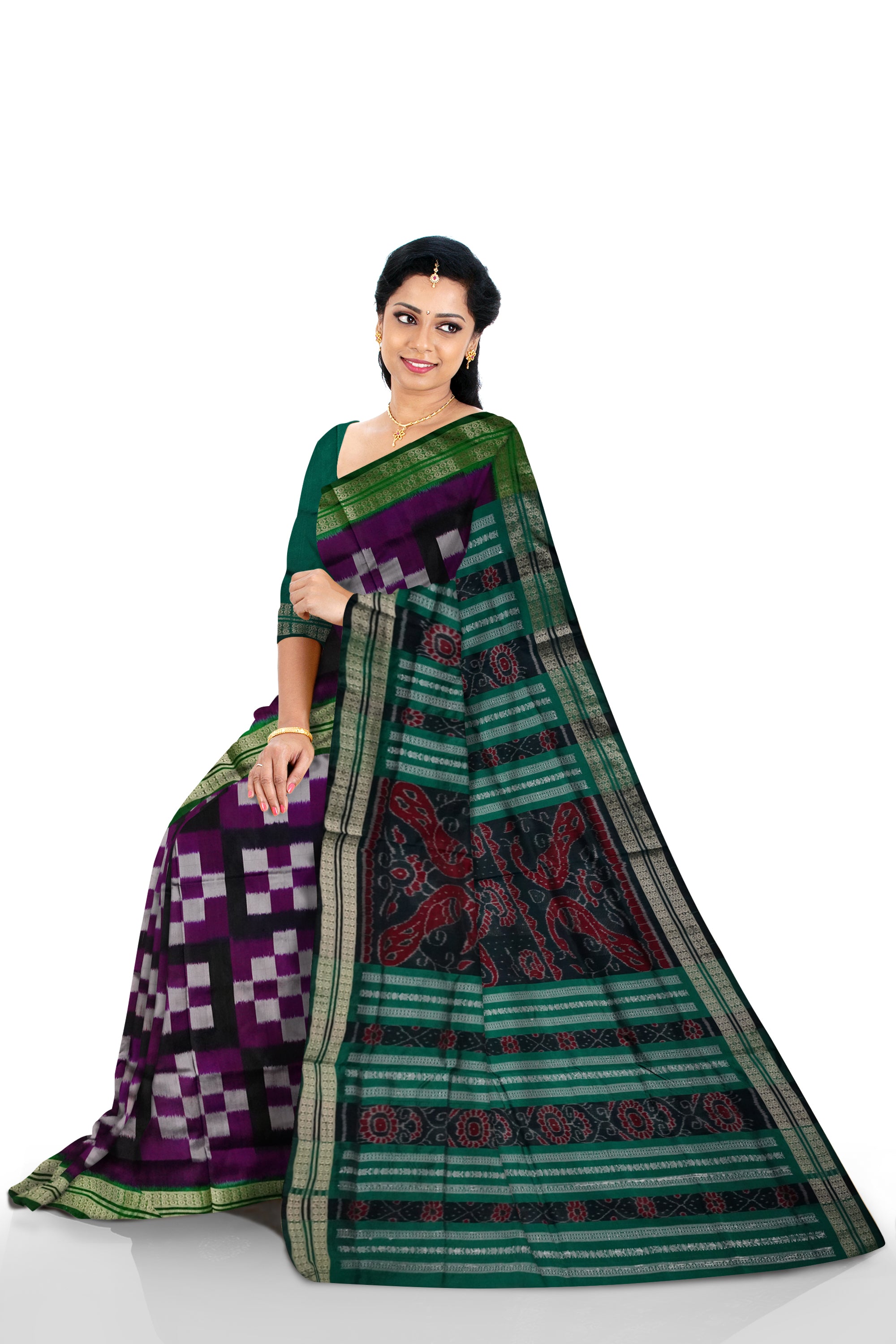 Purple, Black & Green color 5kuthi pasapali design pata saree. - Koshali Arts & Crafts Enterprise