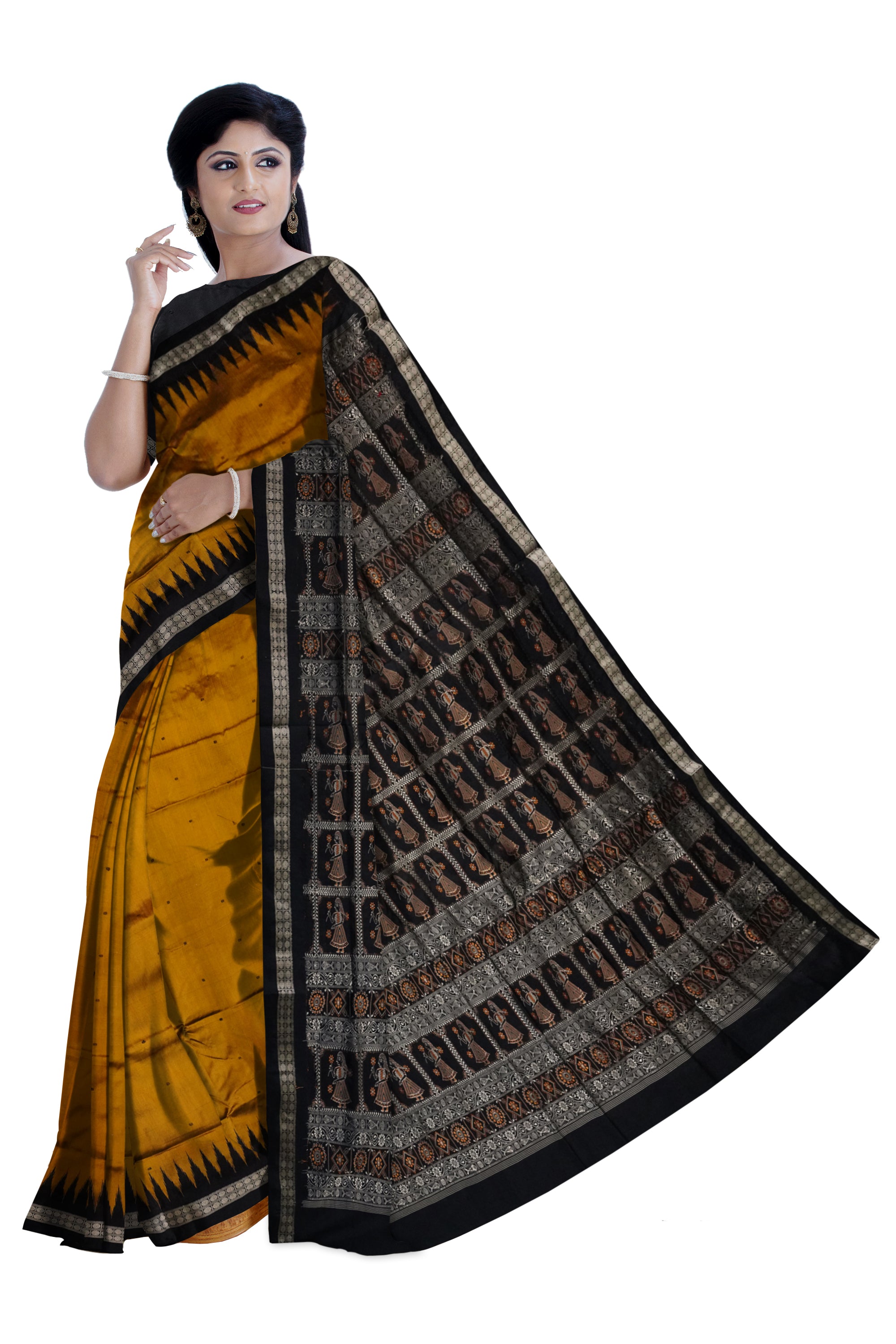 Yellow and Black color plain pata saree with doll pallu. - Koshali Arts & Crafts Enterprise