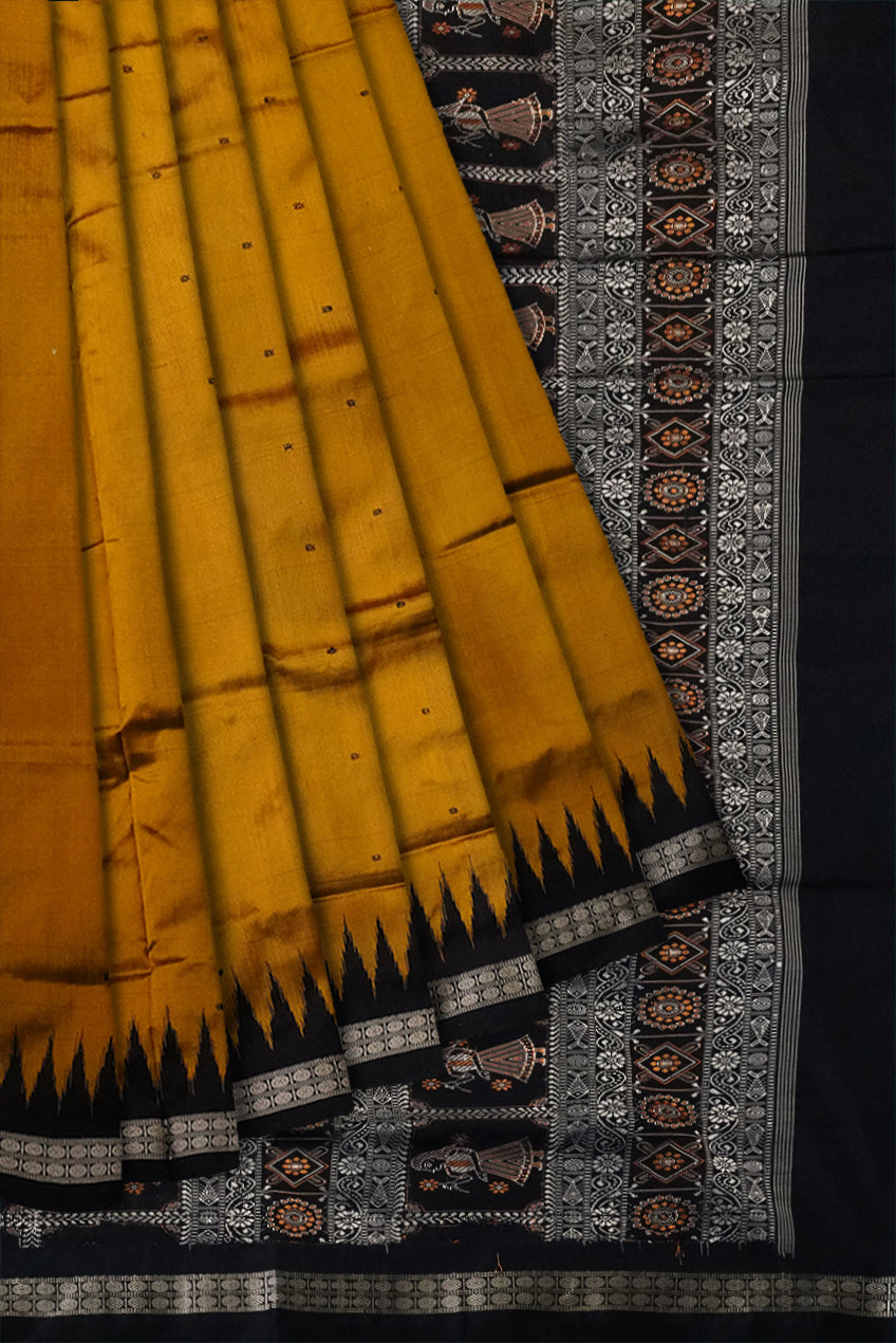 Yellow and Black color plain pata saree with doll pallu. - Koshali Arts & Crafts Enterprise