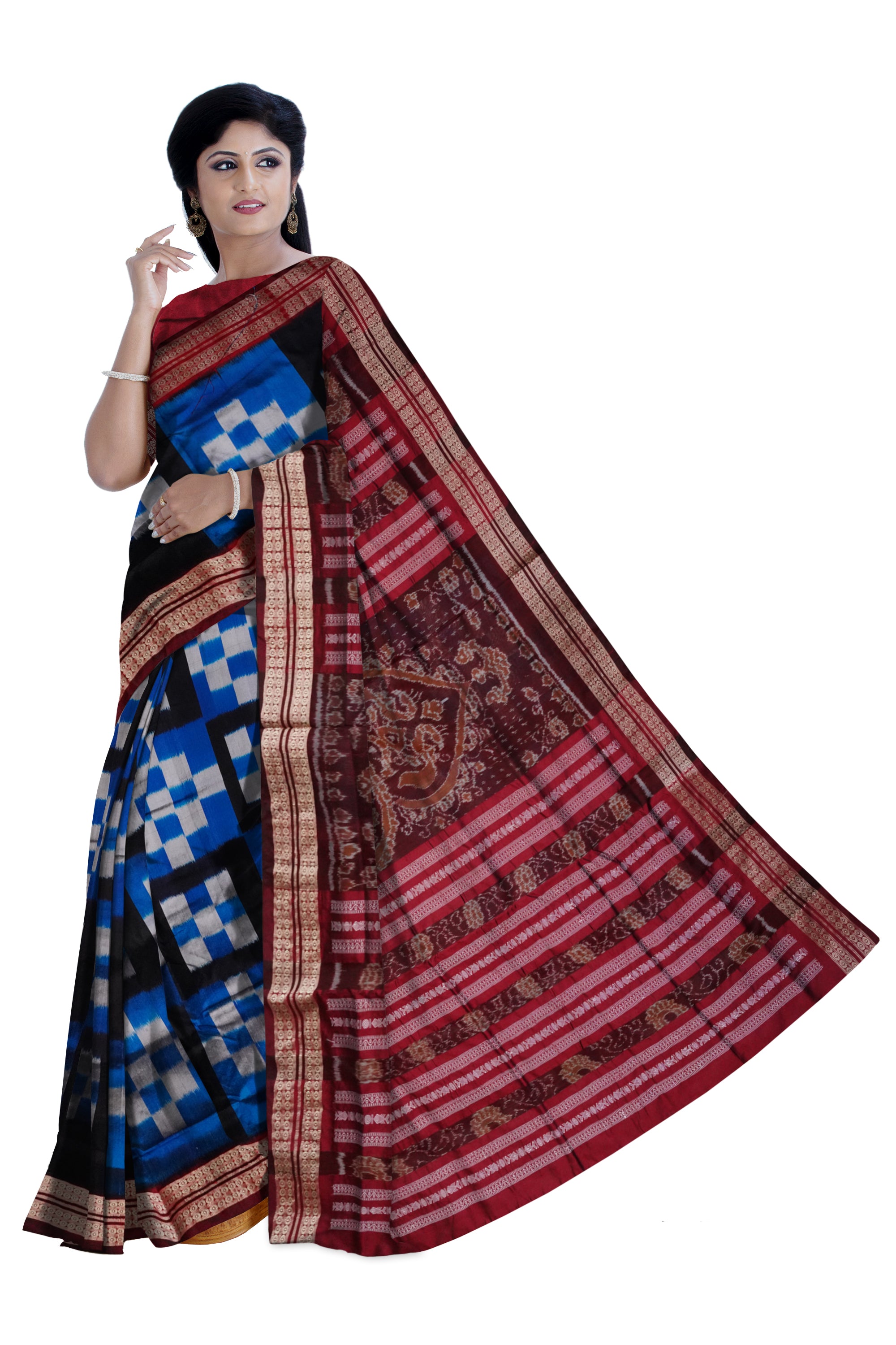 Sky blue, Black & Maroon color pasapali 5 kuthi pasapali pata saree. - Koshali Arts & Crafts Enterprise