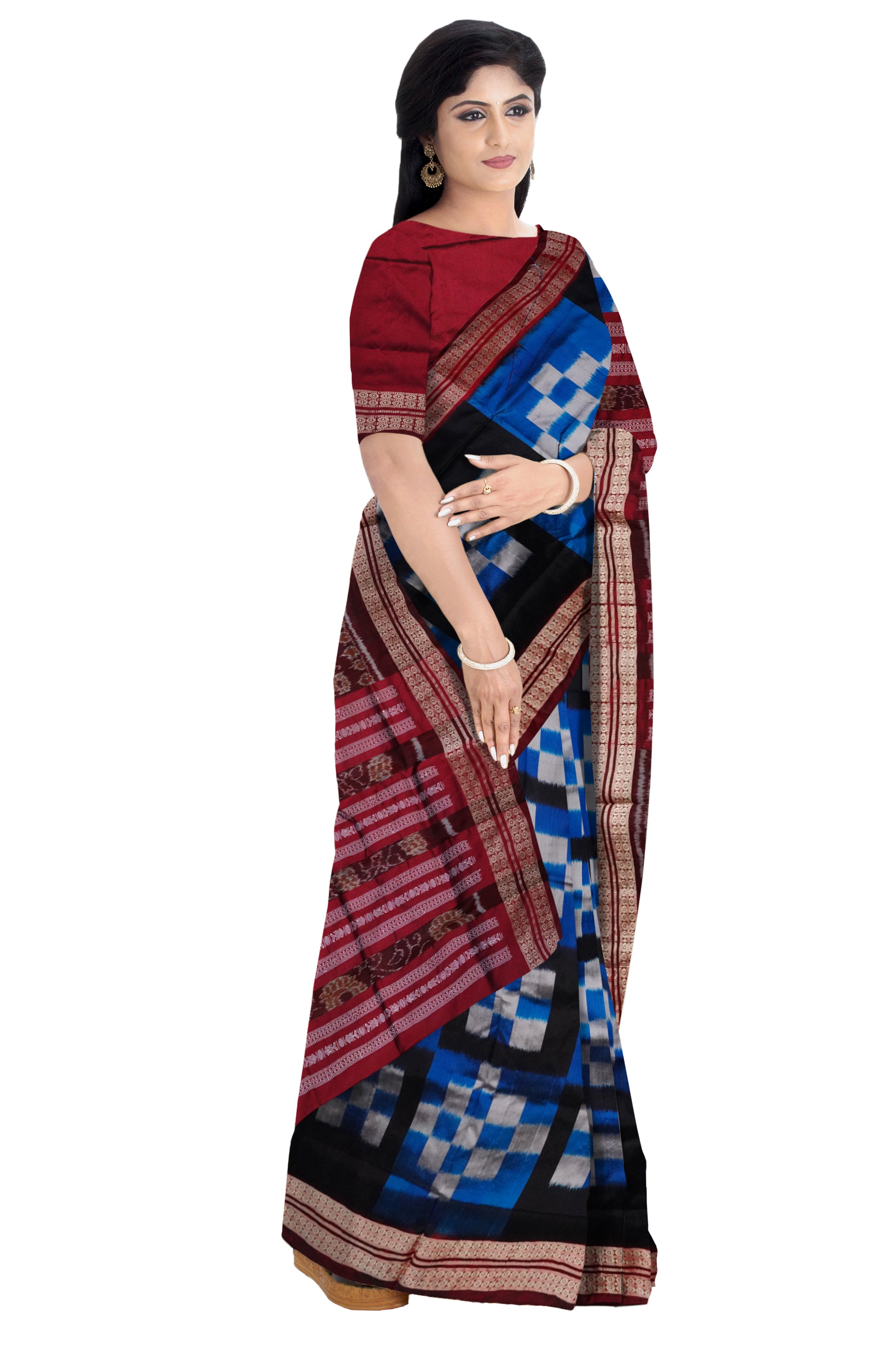 Sky blue, Black & Maroon color pasapali 5 kuthi pasapali pata saree. - Koshali Arts & Crafts Enterprise