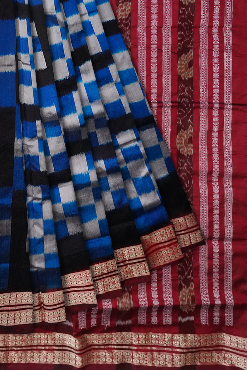 Sky blue, Black & Maroon color pasapali 5 kuthi pasapali pata saree. - Koshali Arts & Crafts Enterprise