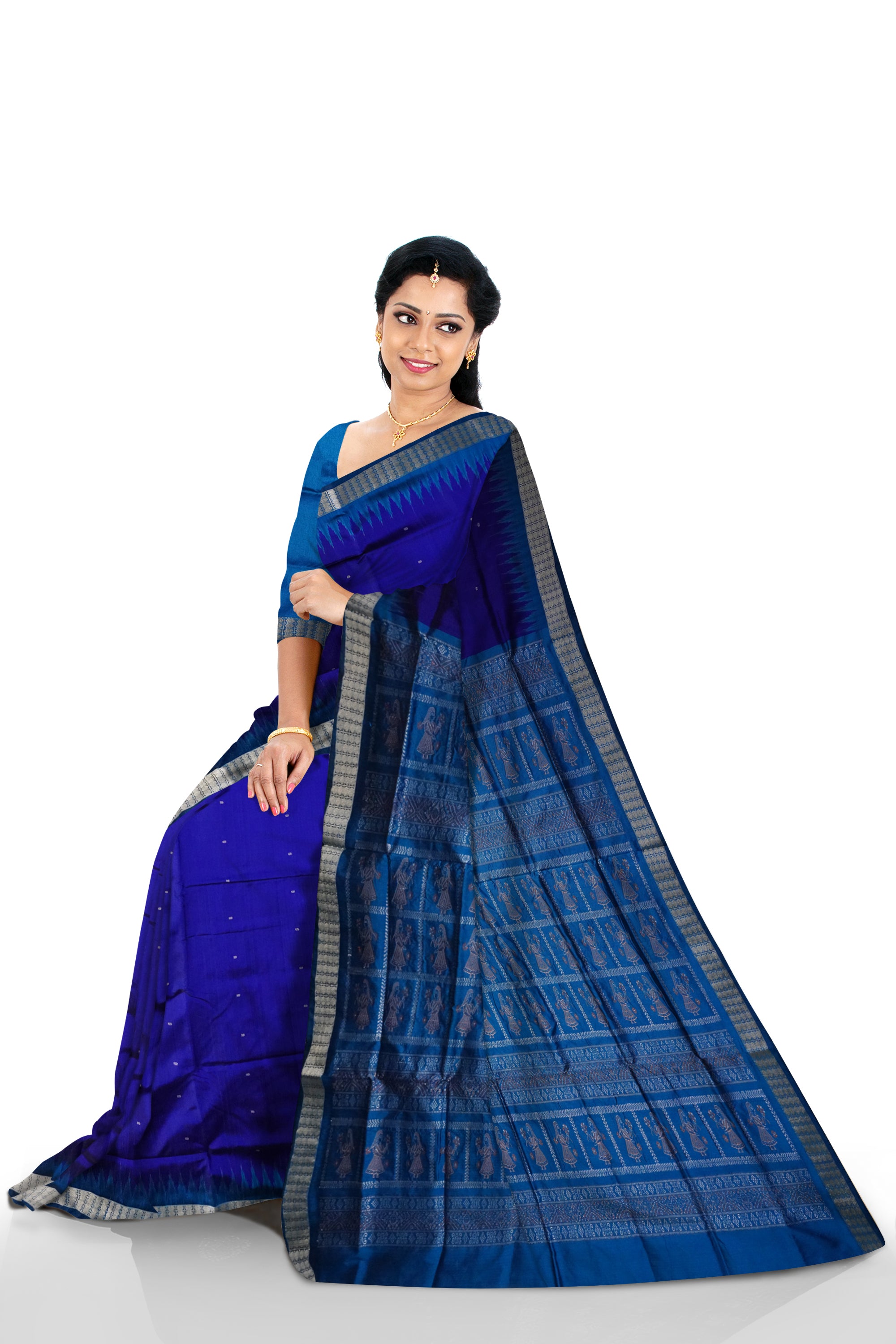Small booty pattern plain pata saree in Blue & Sky color. - Koshali Arts & Crafts Enterprise