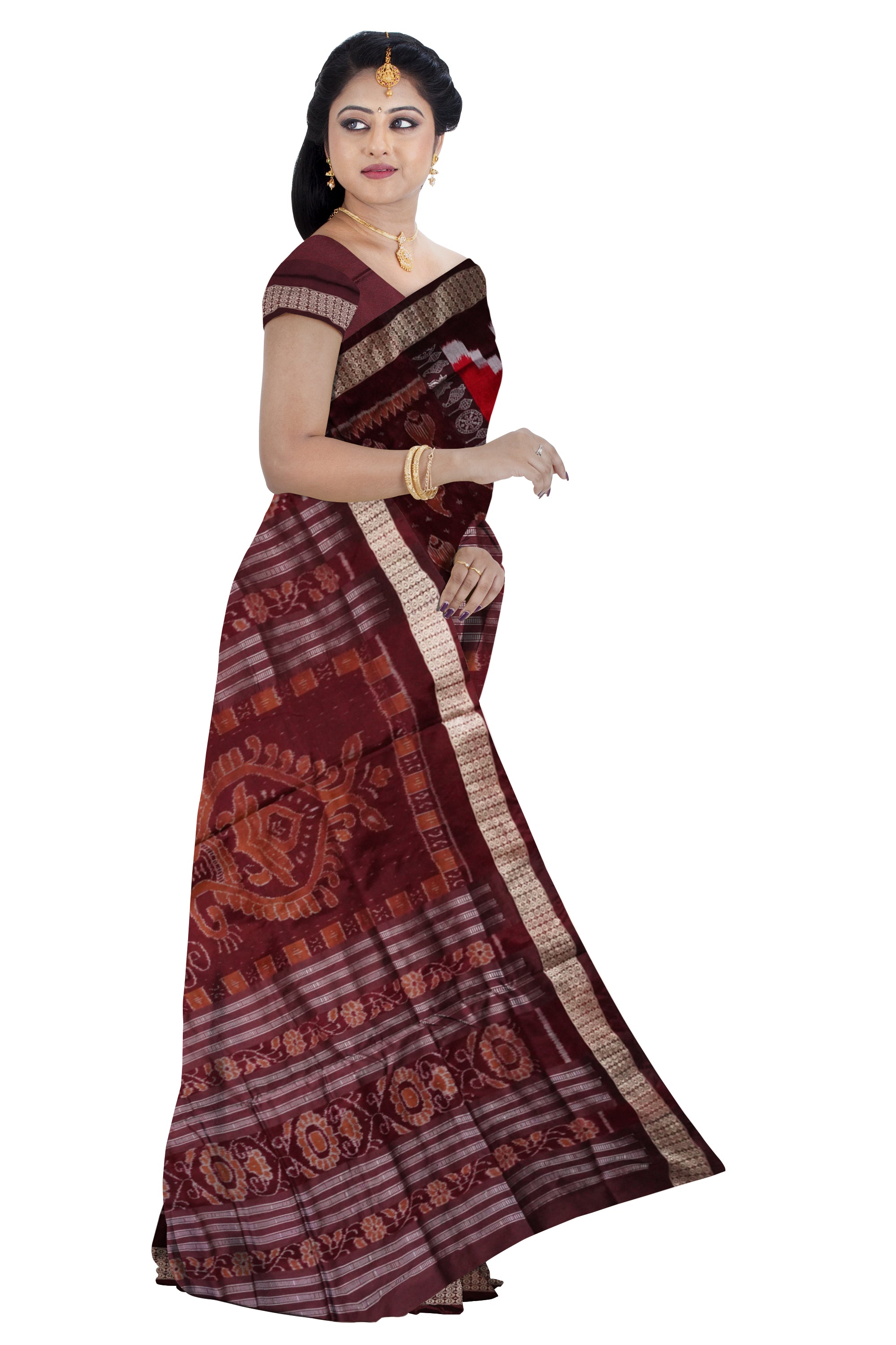 pasapali with shankha pattern pere pere design bandha pata saree in Maroon & Coffee color. - Koshali Arts & Crafts Enterprise