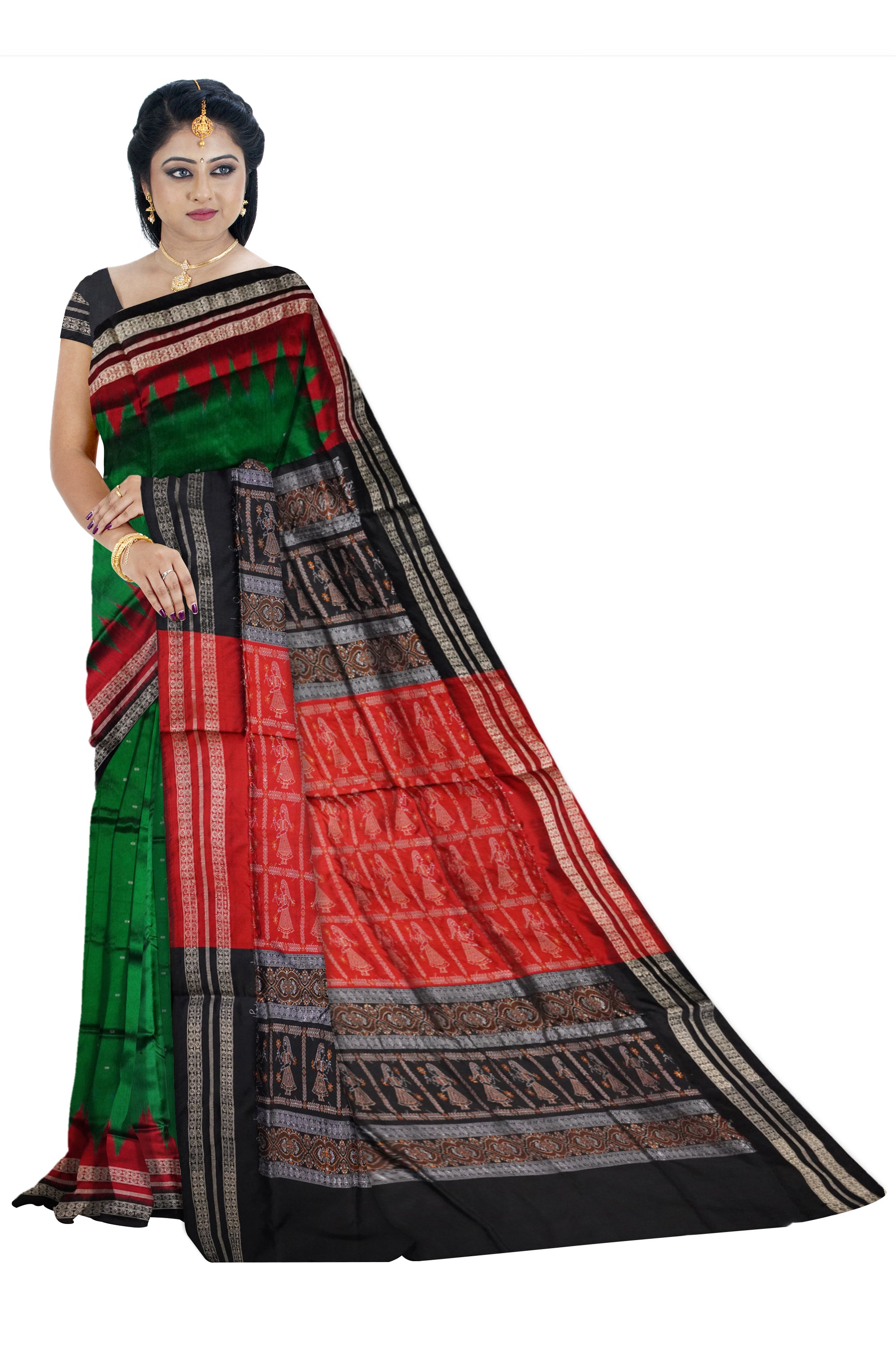 Green ,Maroon & Black color small booty pattern plain pata saree. - Koshali Arts & Crafts Enterprise