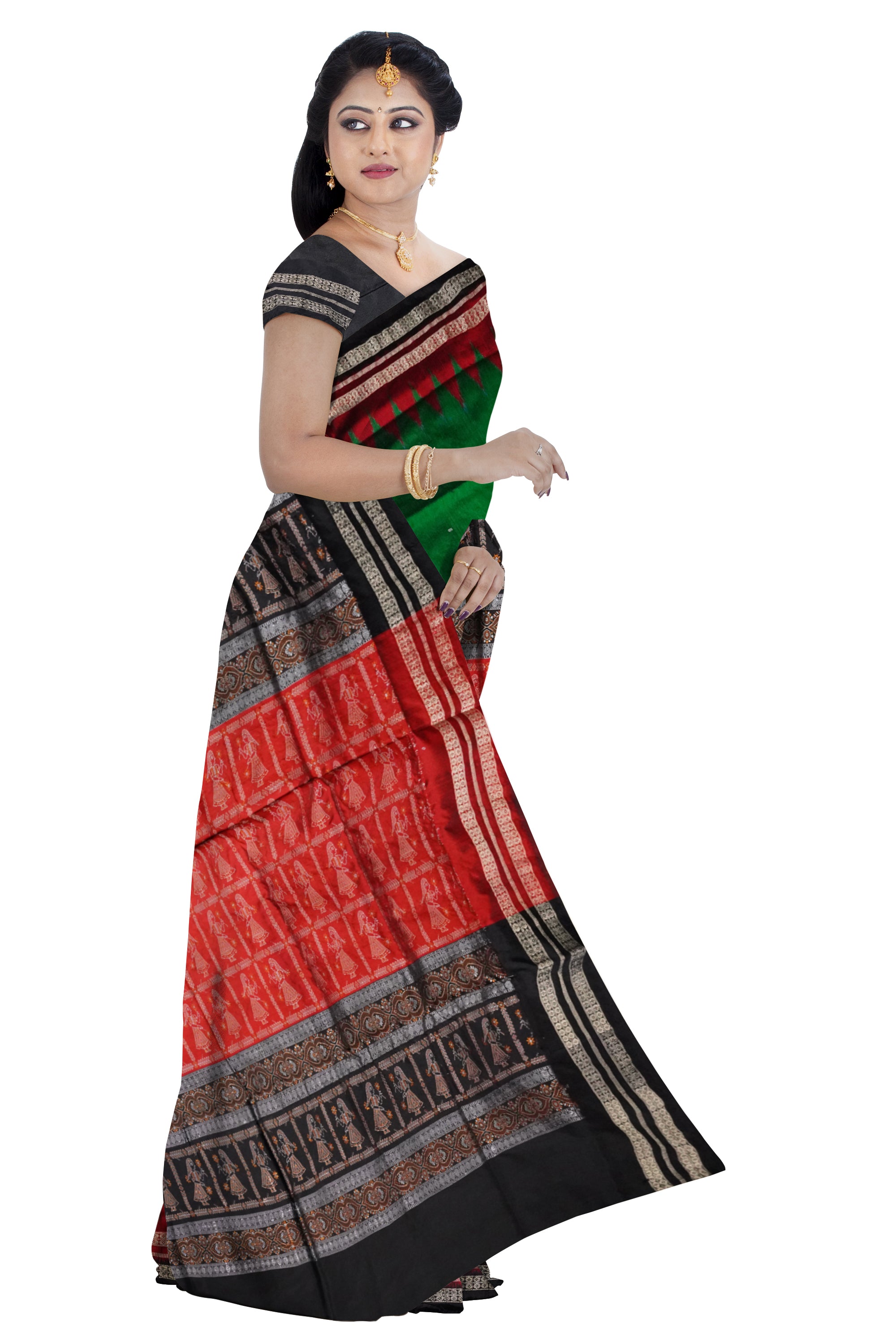 Green ,Maroon & Black color small booty pattern plain pata saree. - Koshali Arts & Crafts Enterprise