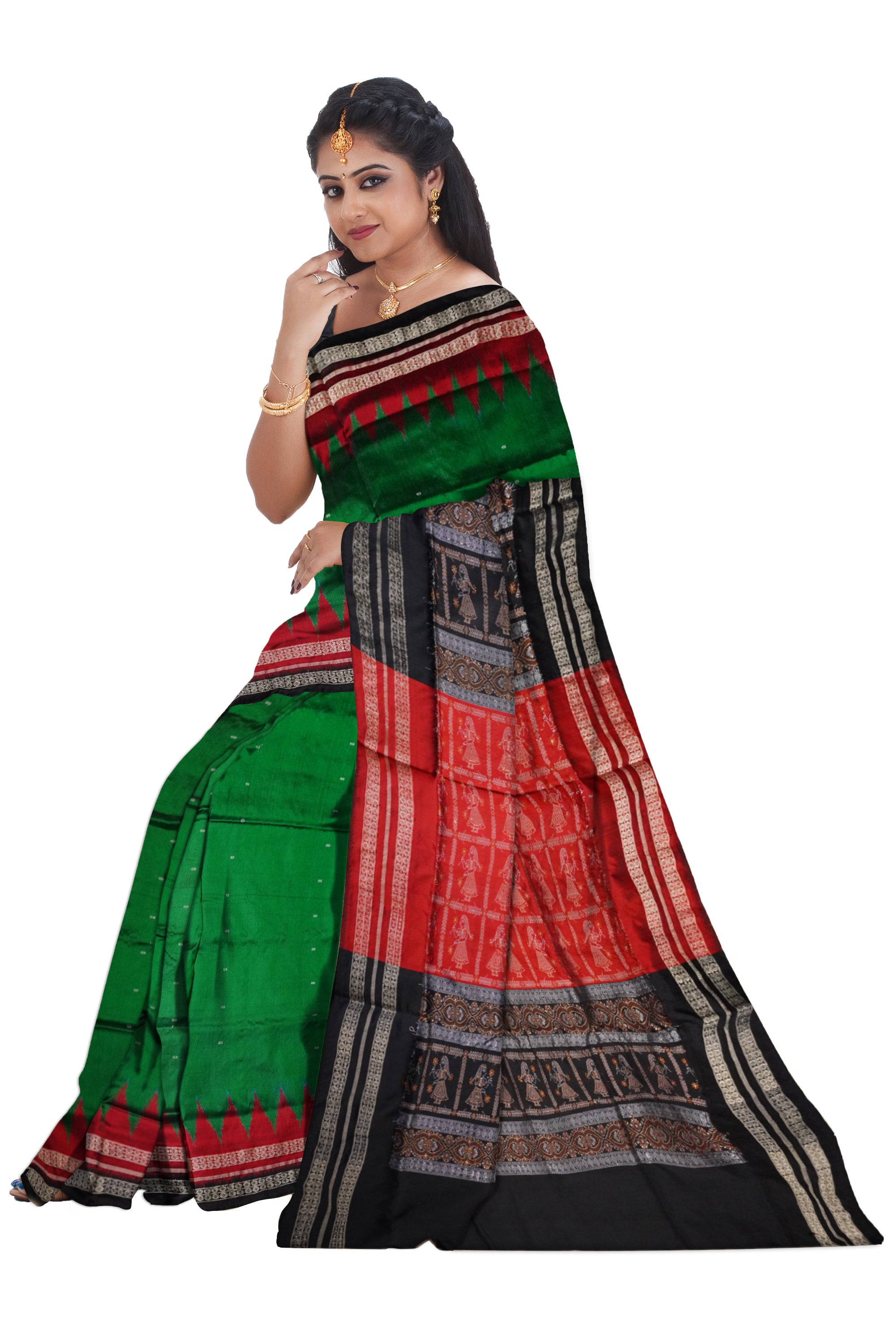 Green ,Maroon & Black color small booty pattern plain pata saree. - Koshali Arts & Crafts Enterprise