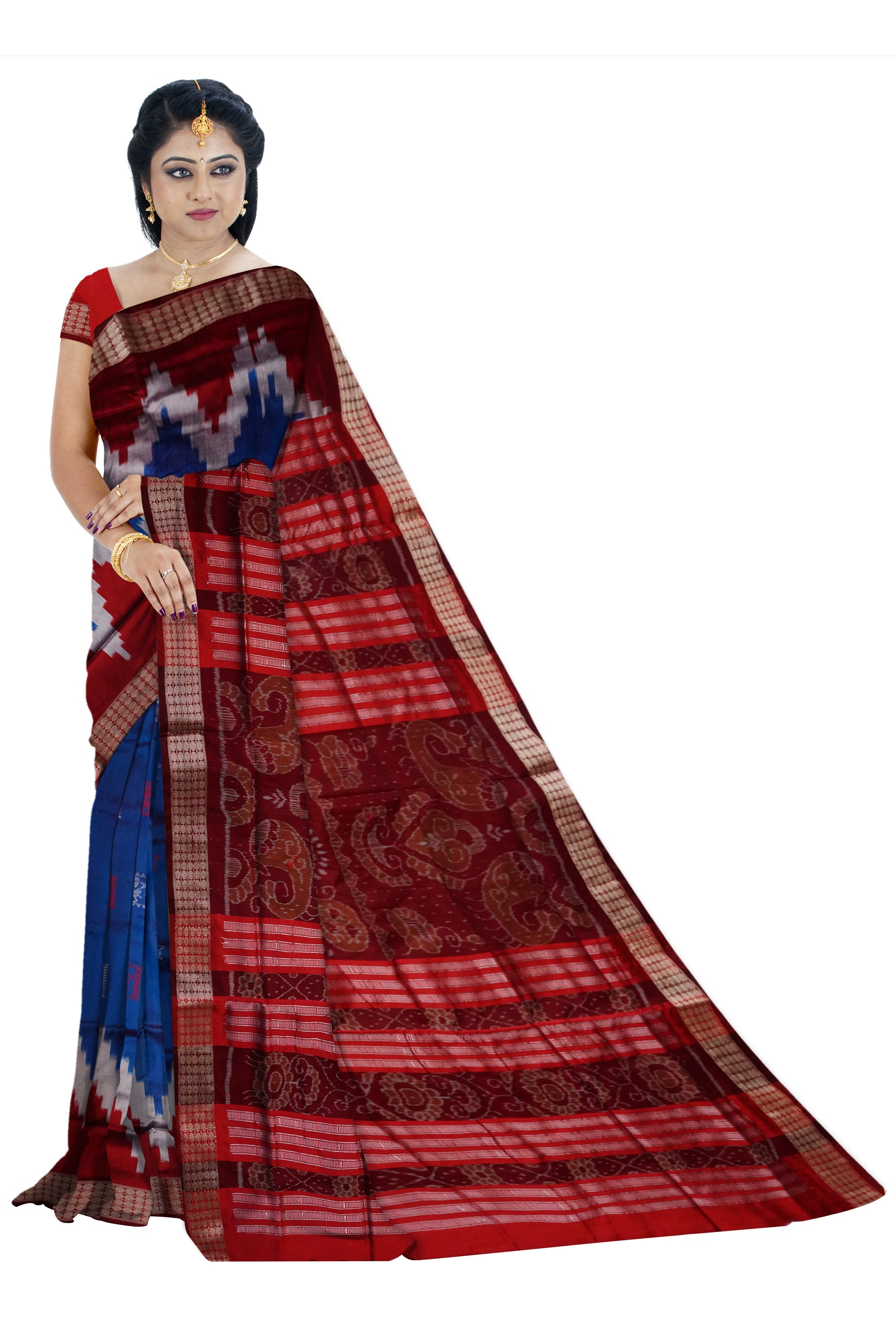 Small terracotta with ikat pattern Blue and Maroon color pata saree. - Koshali Arts & Crafts Enterprise