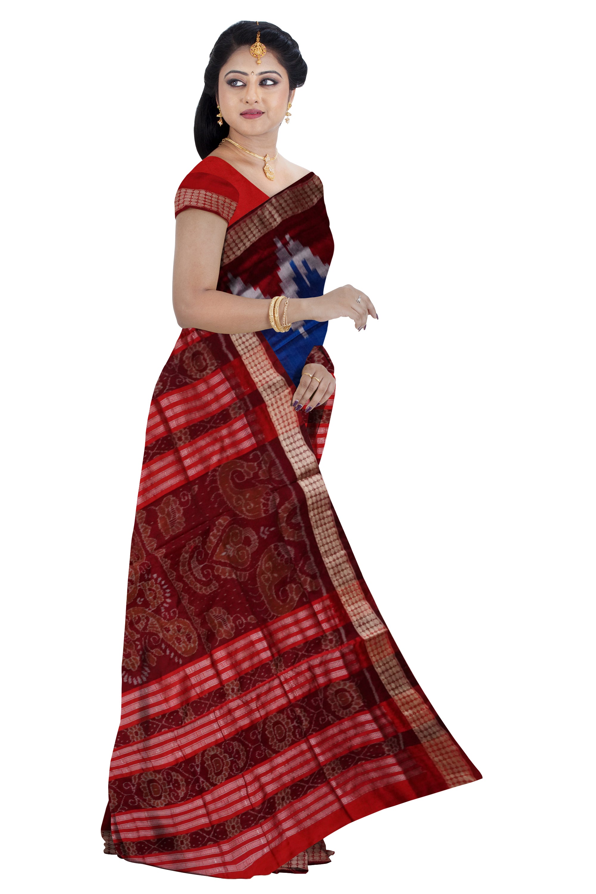 Small terracotta with ikat pattern Blue and Maroon color pata saree. - Koshali Arts & Crafts Enterprise