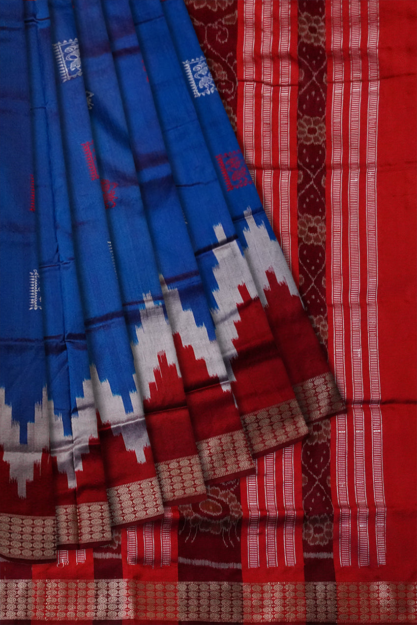 Small terracotta with ikat pattern Blue and Maroon color pata saree. - Koshali Arts & Crafts Enterprise