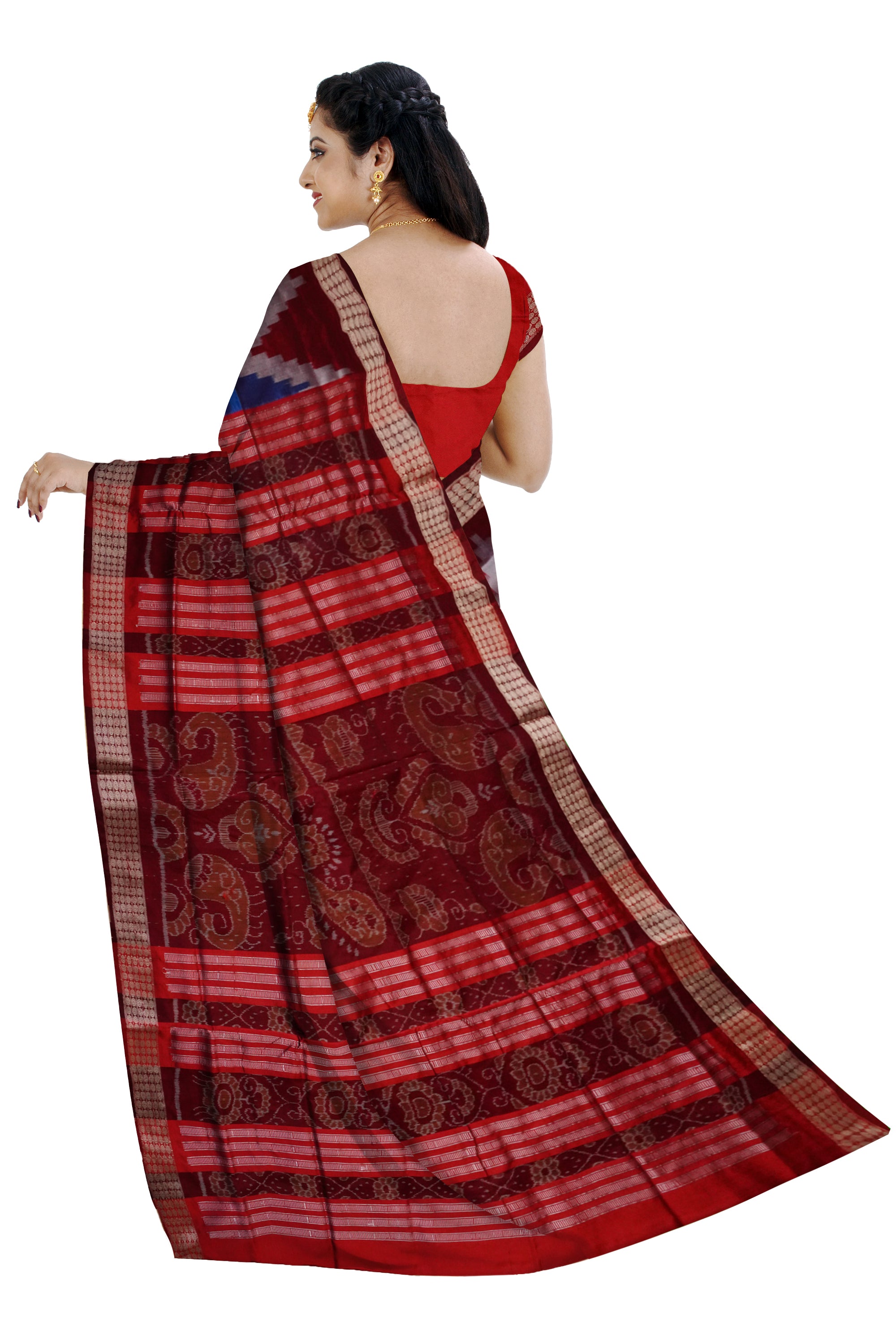 Small terracotta with ikat pattern Blue and Maroon color pata saree. - Koshali Arts & Crafts Enterprise
