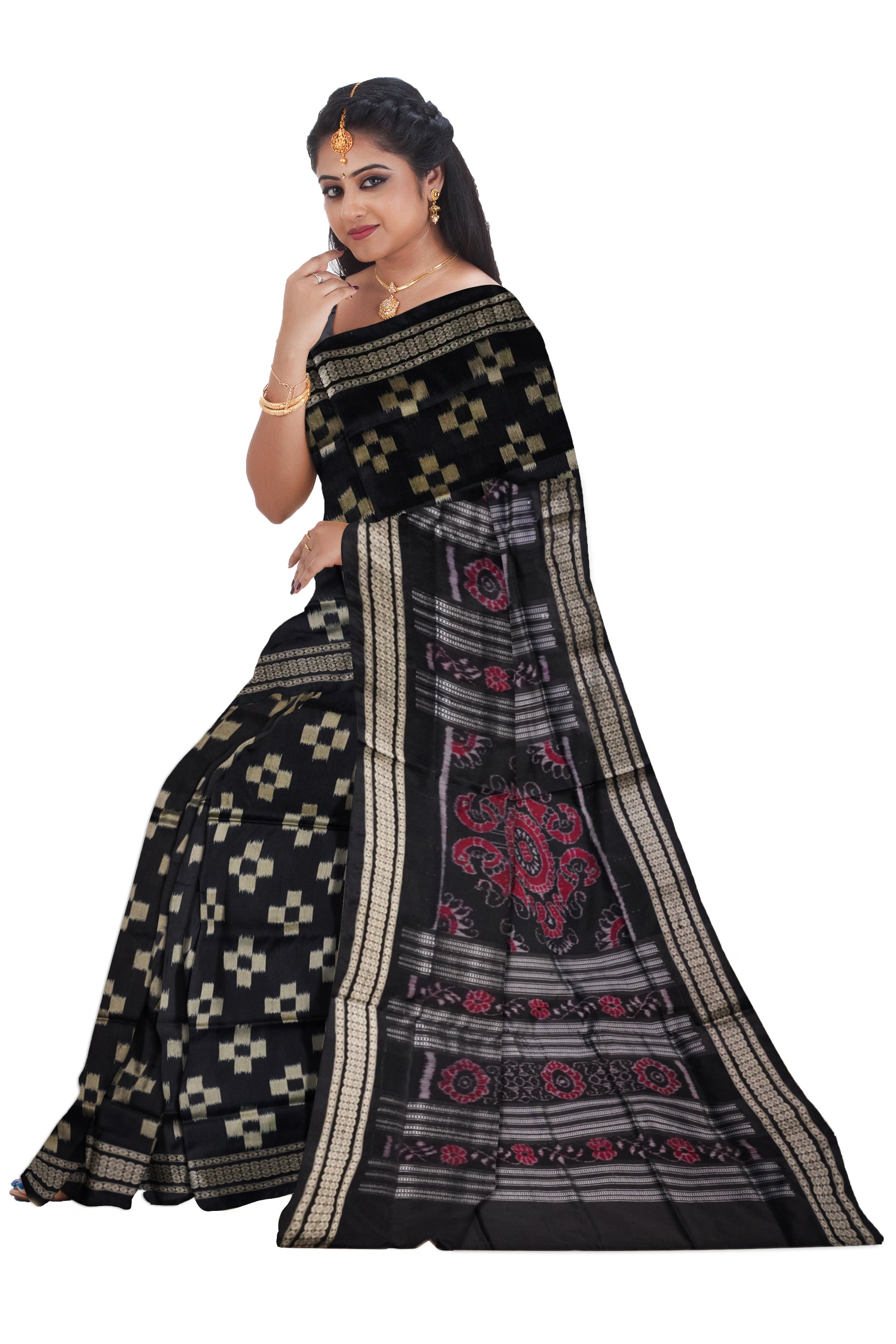 Black & Golden color tara pattern pasapali pata saree. - Koshali Arts & Crafts Enterprise