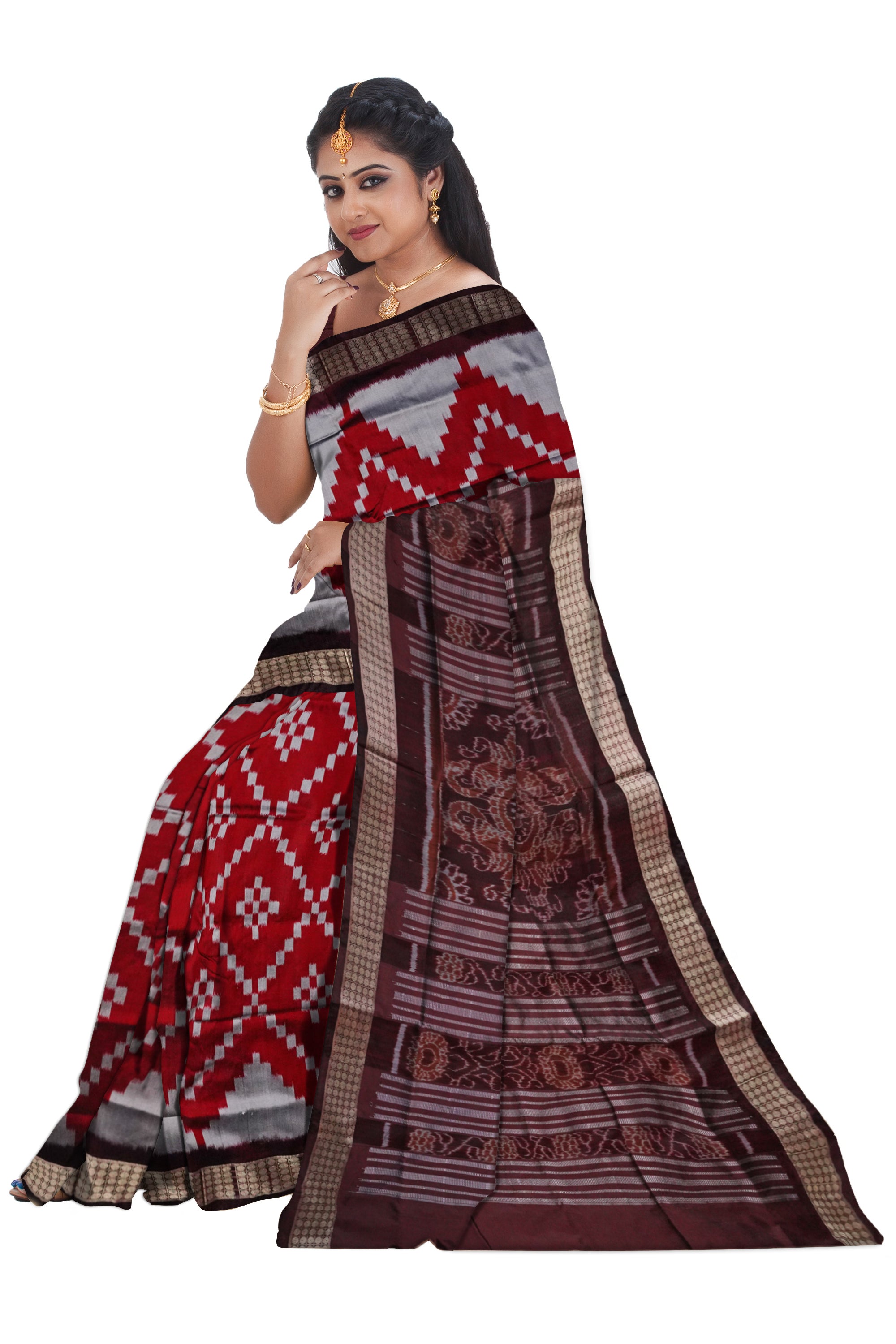 Maroon, Silver & Coffee color pasapali pattern pata saree. - Koshali Arts & Crafts Enterprise