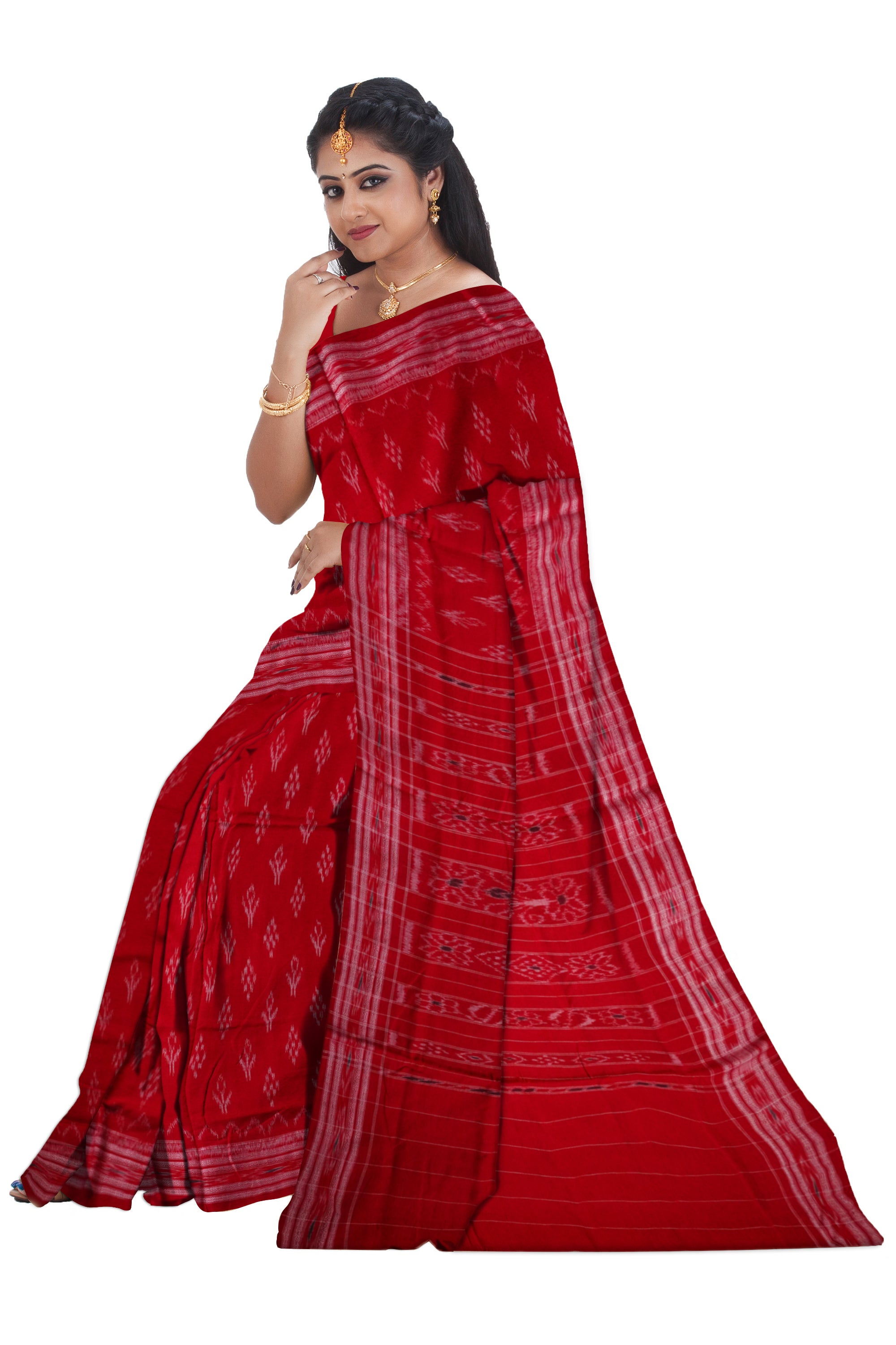 Red color maniabandha cotton saree. - Koshali Arts & Crafts Enterprise
