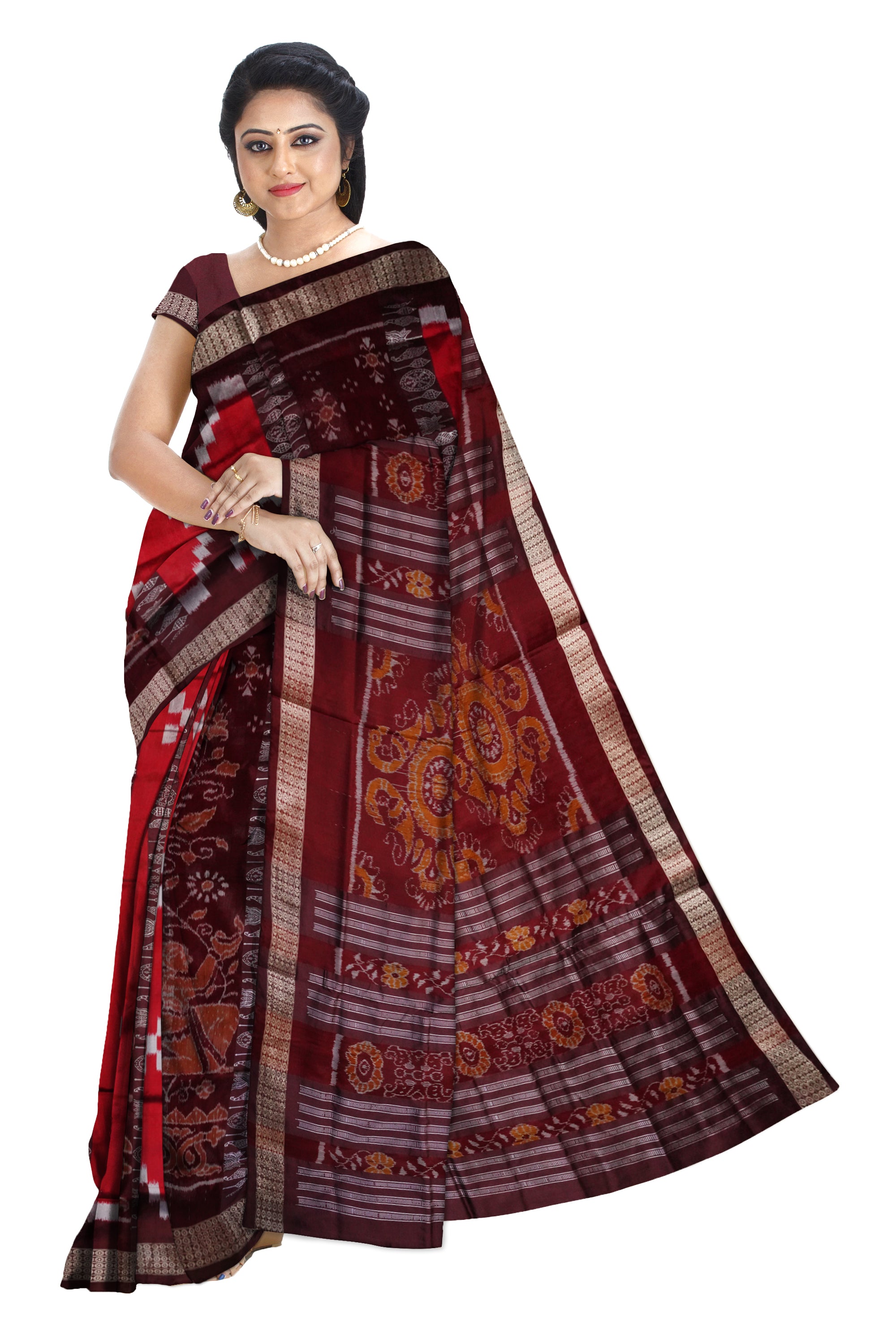 Nartaki with sapta pattern bandha design sambalpuri pata saree in Maroon & Coffee color. - Koshali Arts & Crafts Enterprise