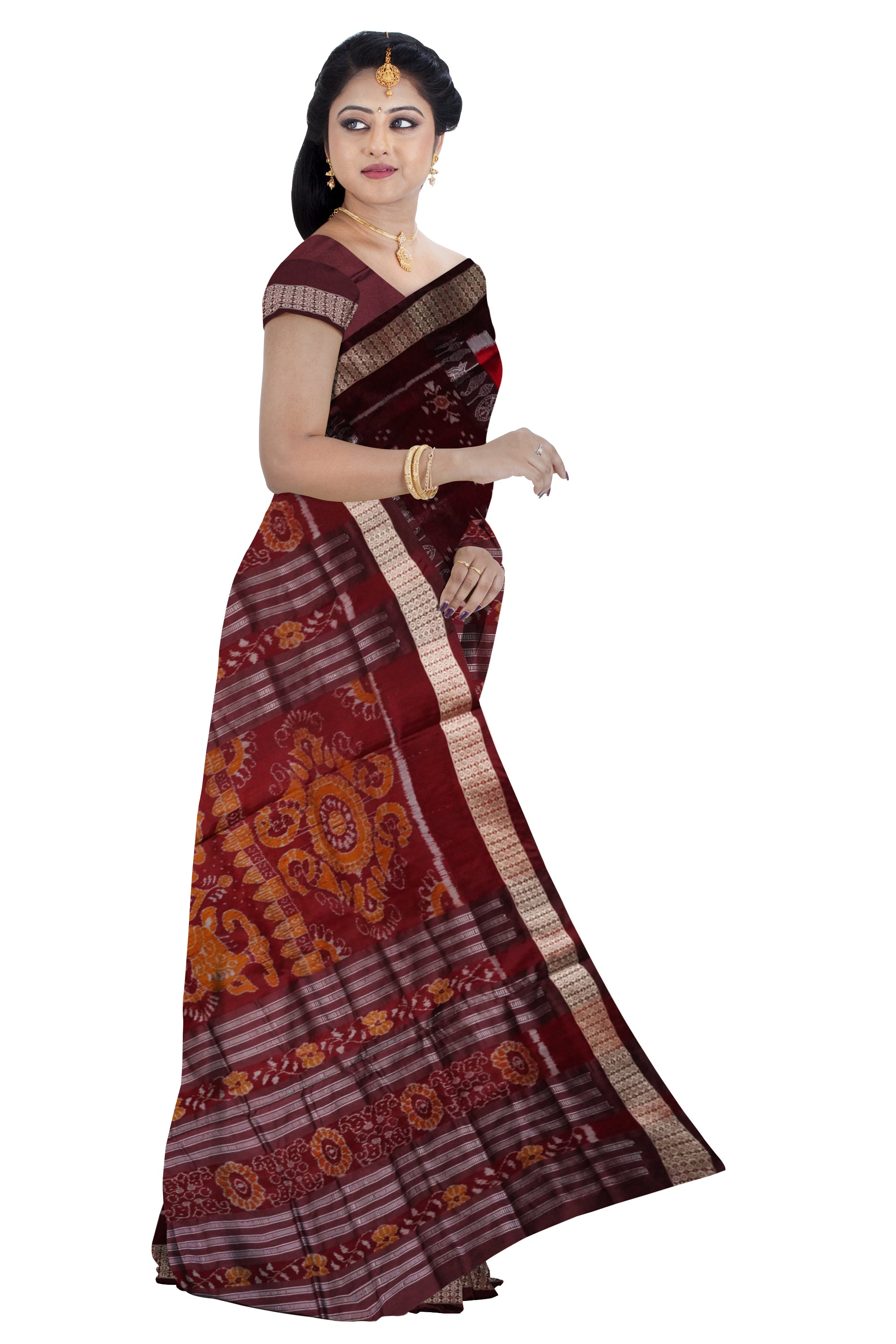 Nartaki with sapta pattern bandha design sambalpuri pata saree in Maroon & Coffee color. - Koshali Arts & Crafts Enterprise